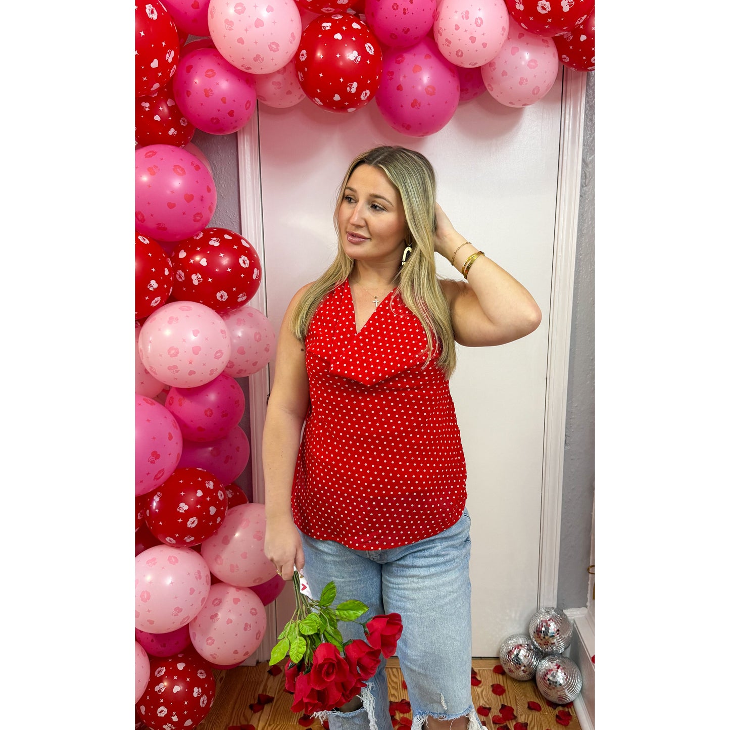 Polka Dot Detail Top, Cherry Red/White