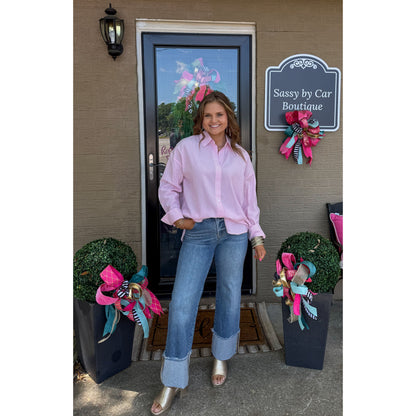 Stripe Button Down Top, Pink/White