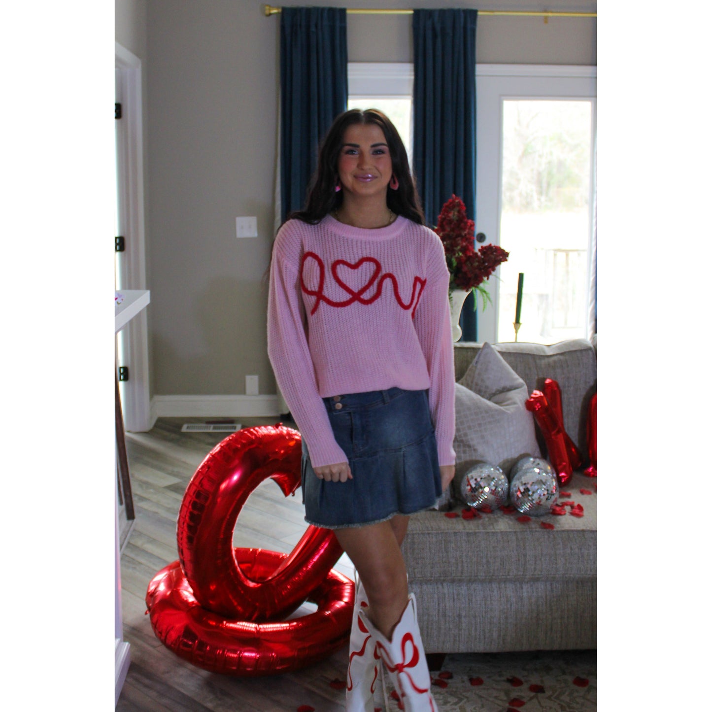 This Means Love Sweater, Baby Pink/Red