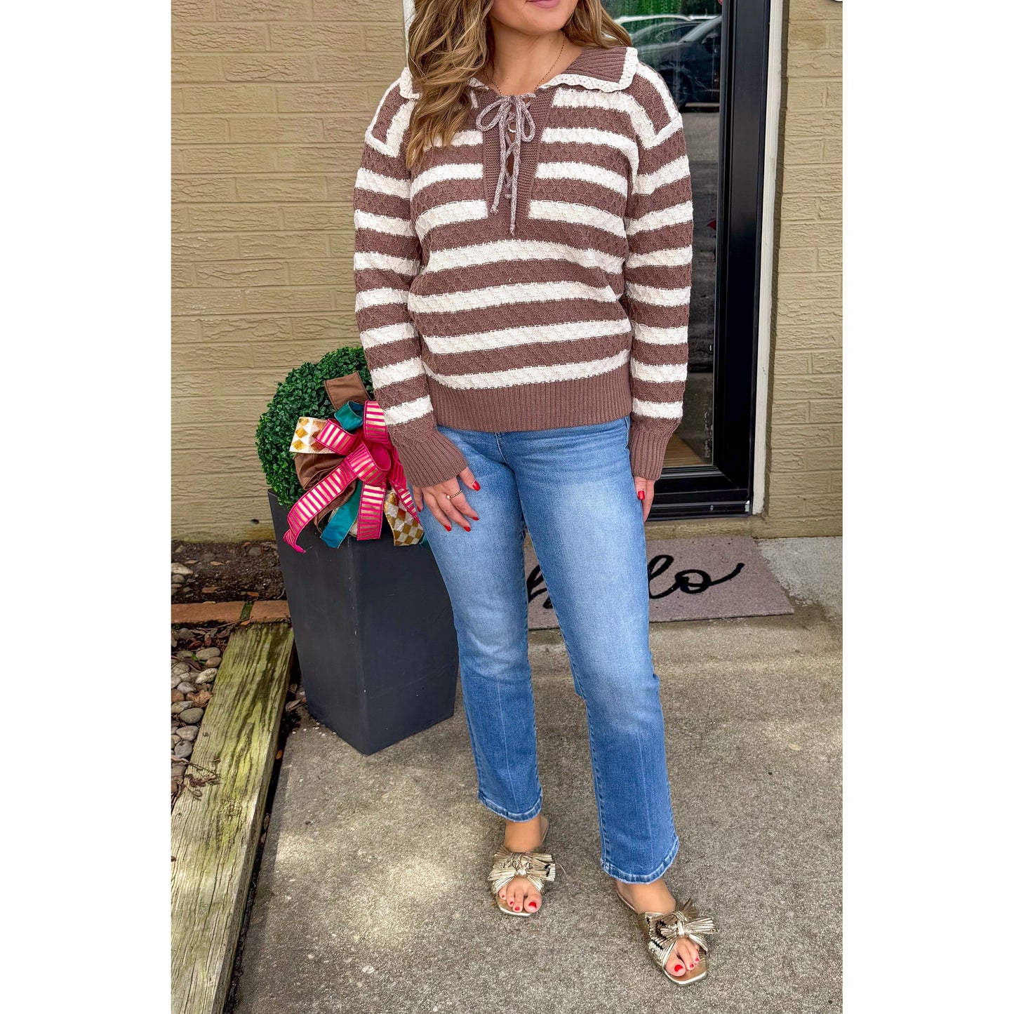 Dylan Stripe Sweater, Ivory/Mocha