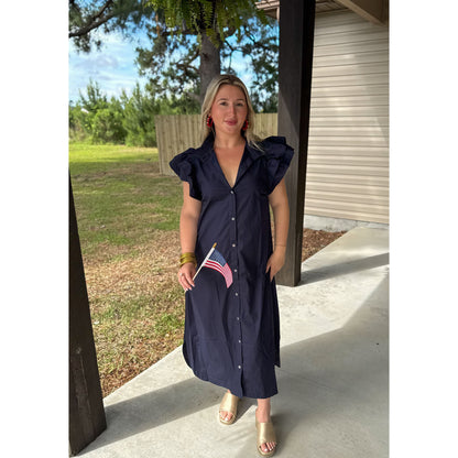 Navy Ruffle Collar Maxi Dress
