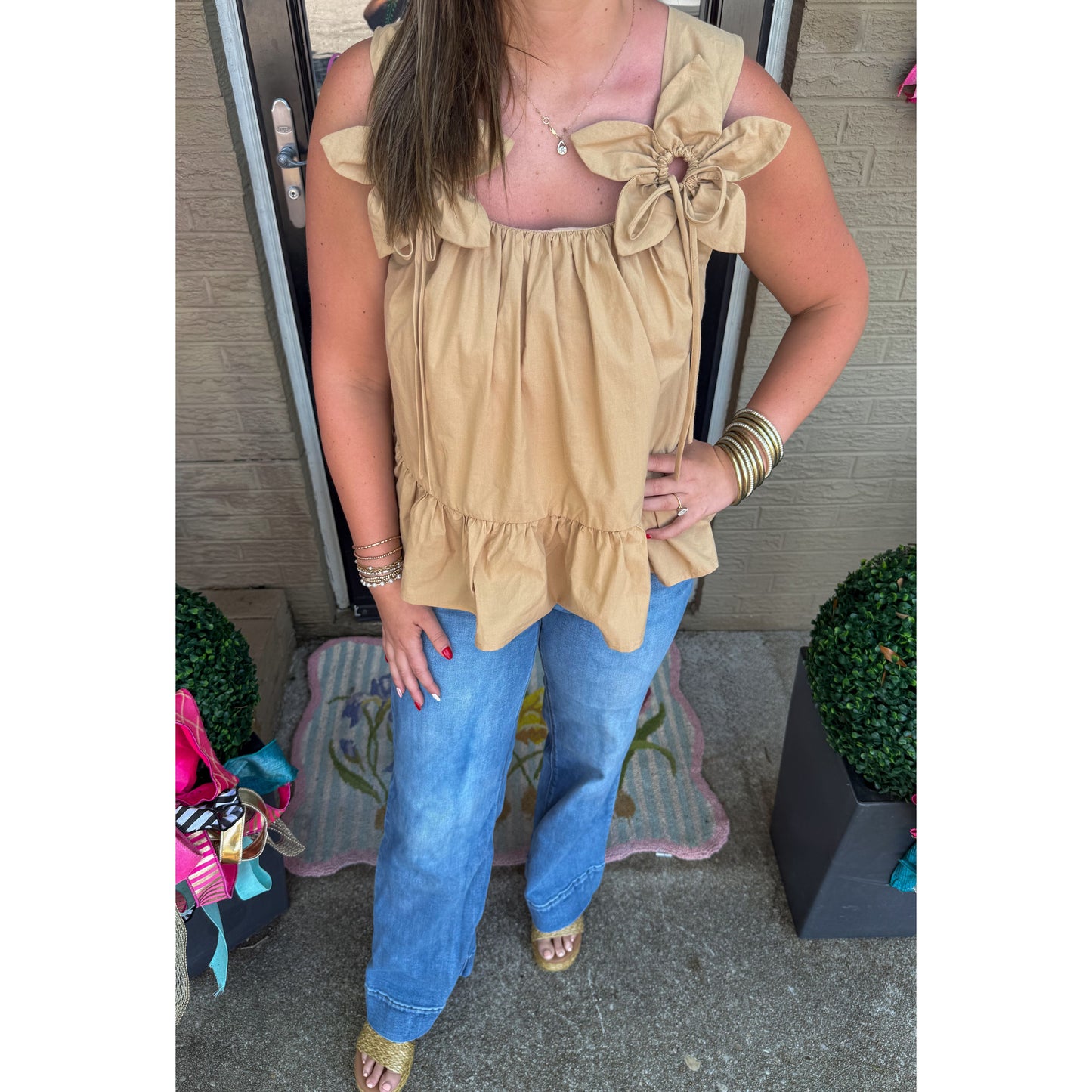 3D Flower Square Neck Top, Mocha