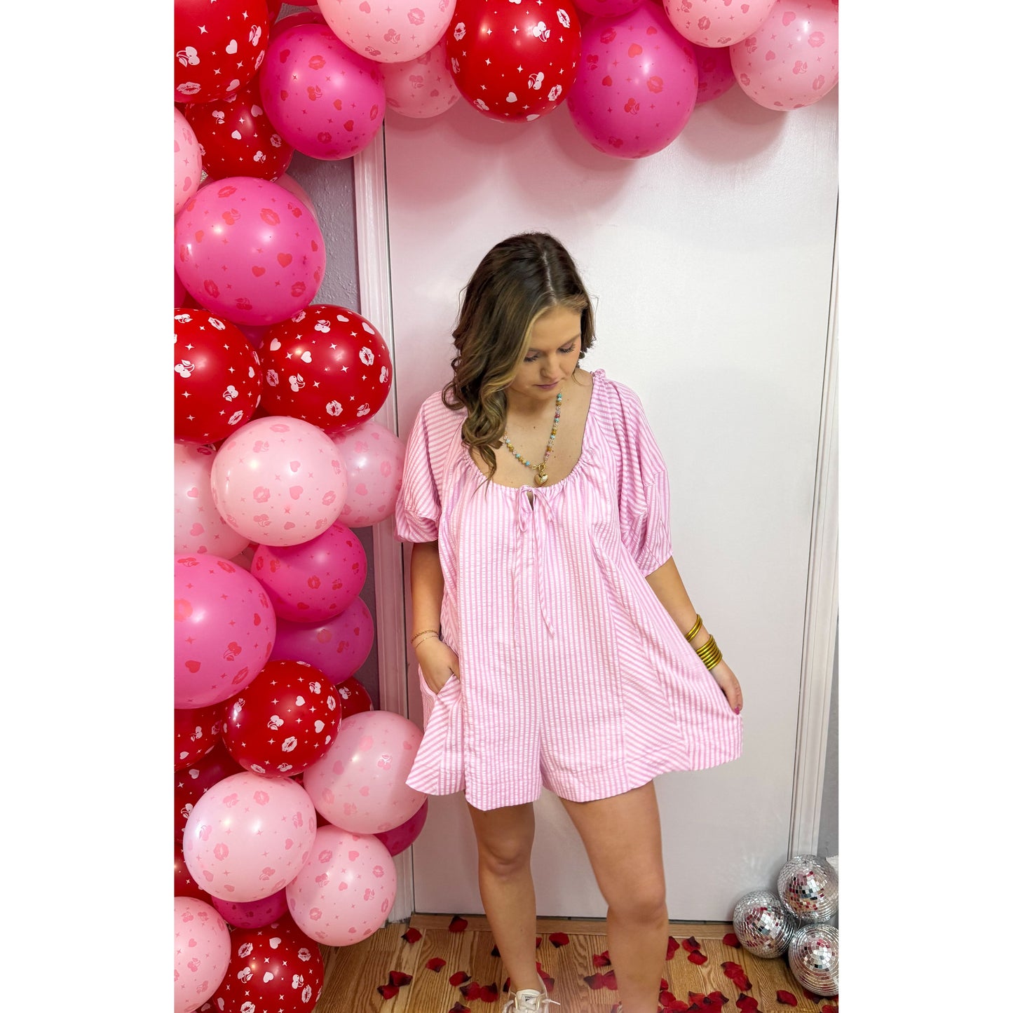 Marleigh Striped Romper, Pink Multi