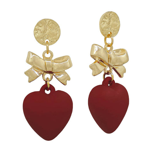 Stud w/ Gold Bow & Maroon Heart Drop Earring