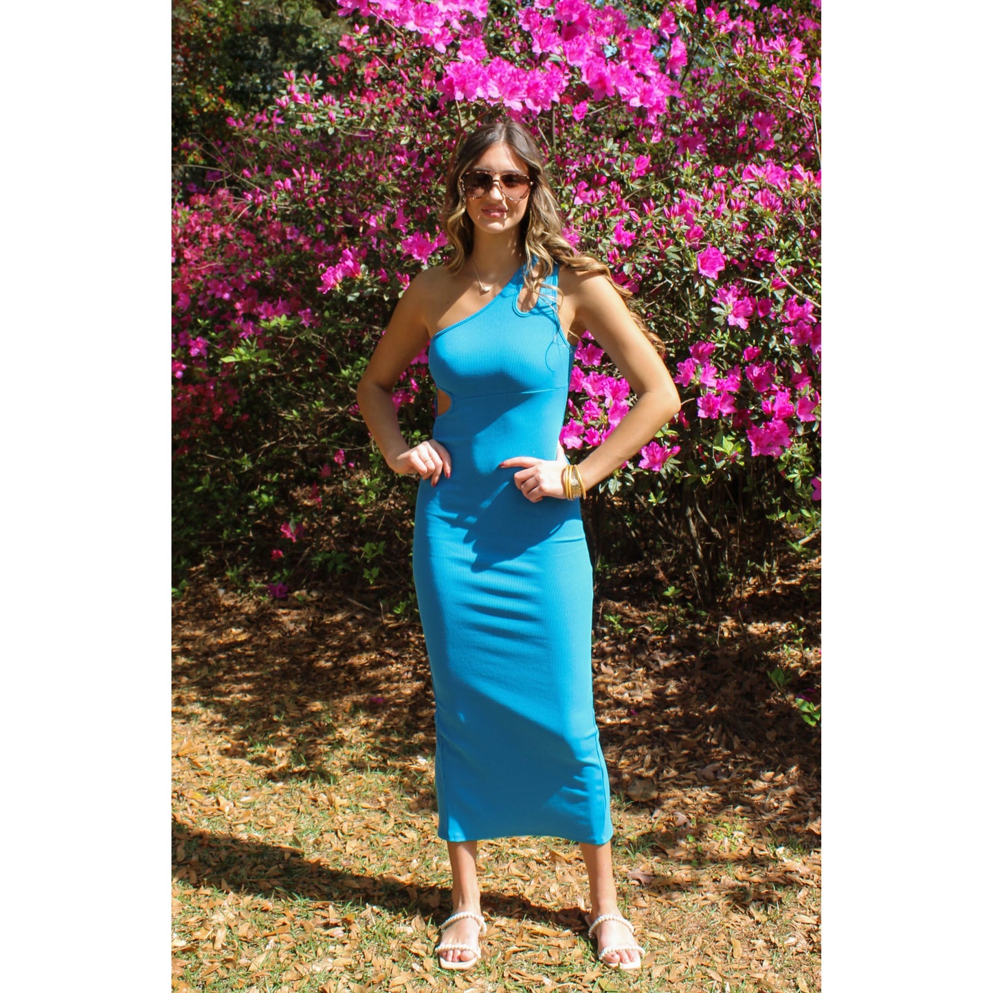 Bridget Ribbed Midi Dress, Aqua Blue