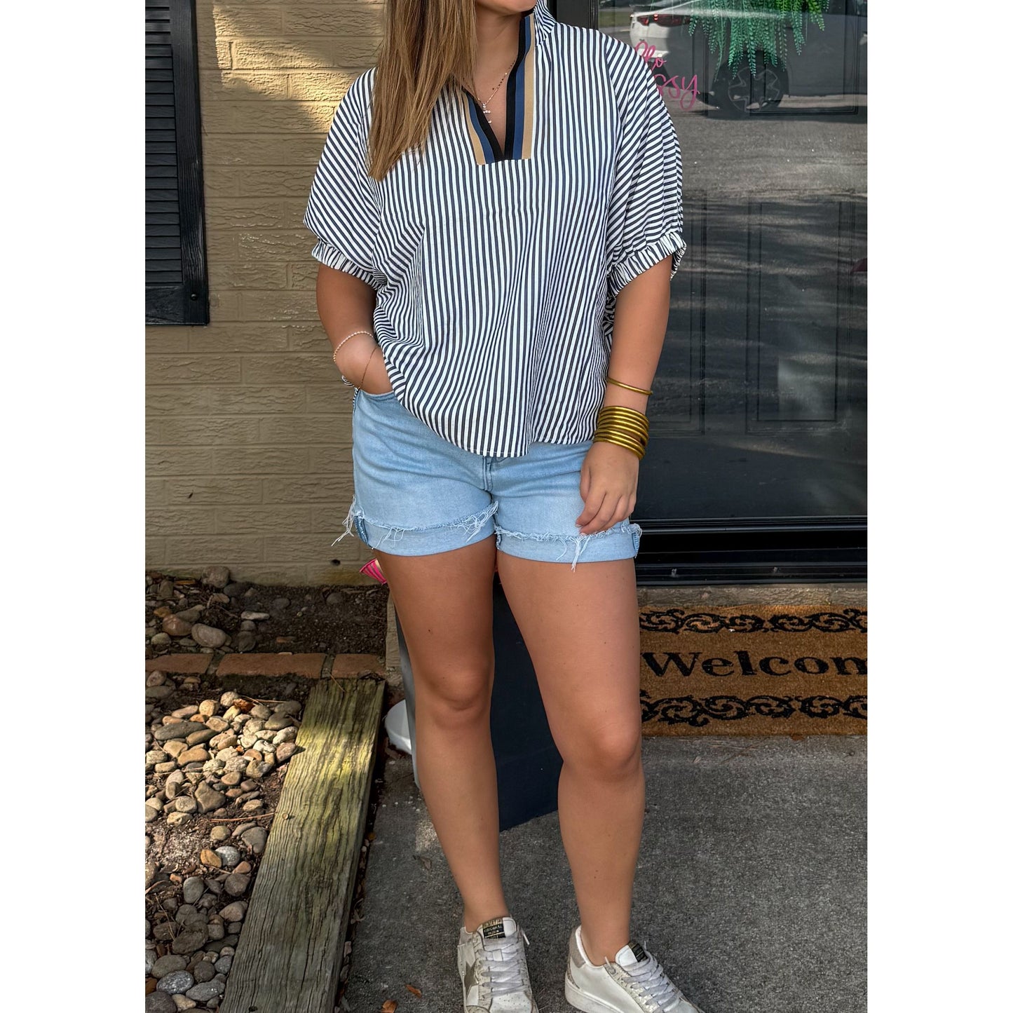 Selena Stripe Blouse, Navy Multi