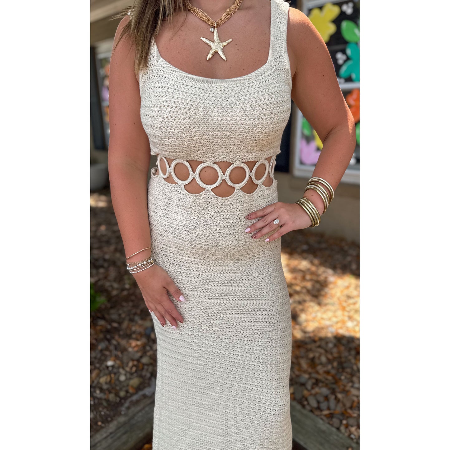 O-Ring Crochet Midi Dress, Cream