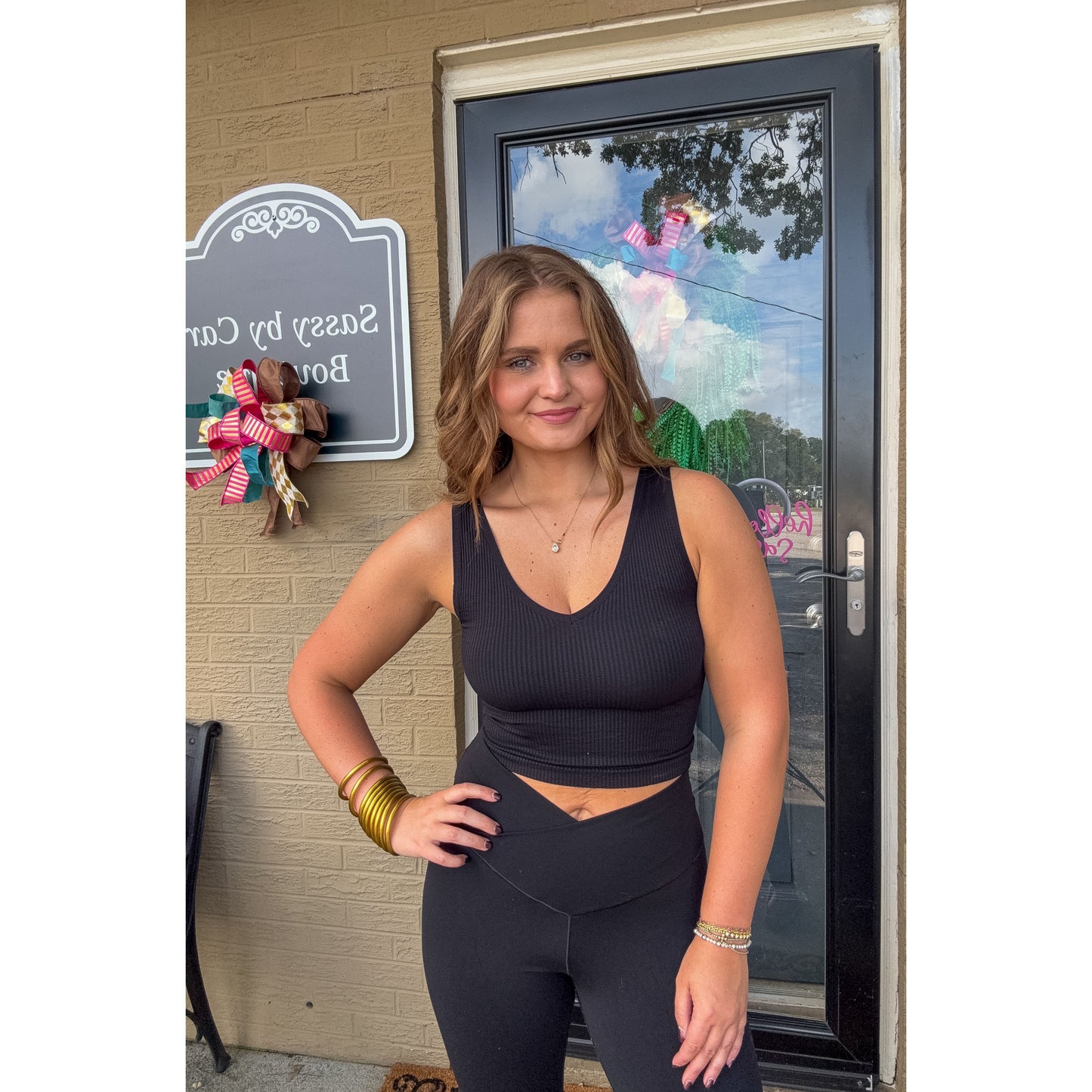V Neck Ribbed Crop Top, Black