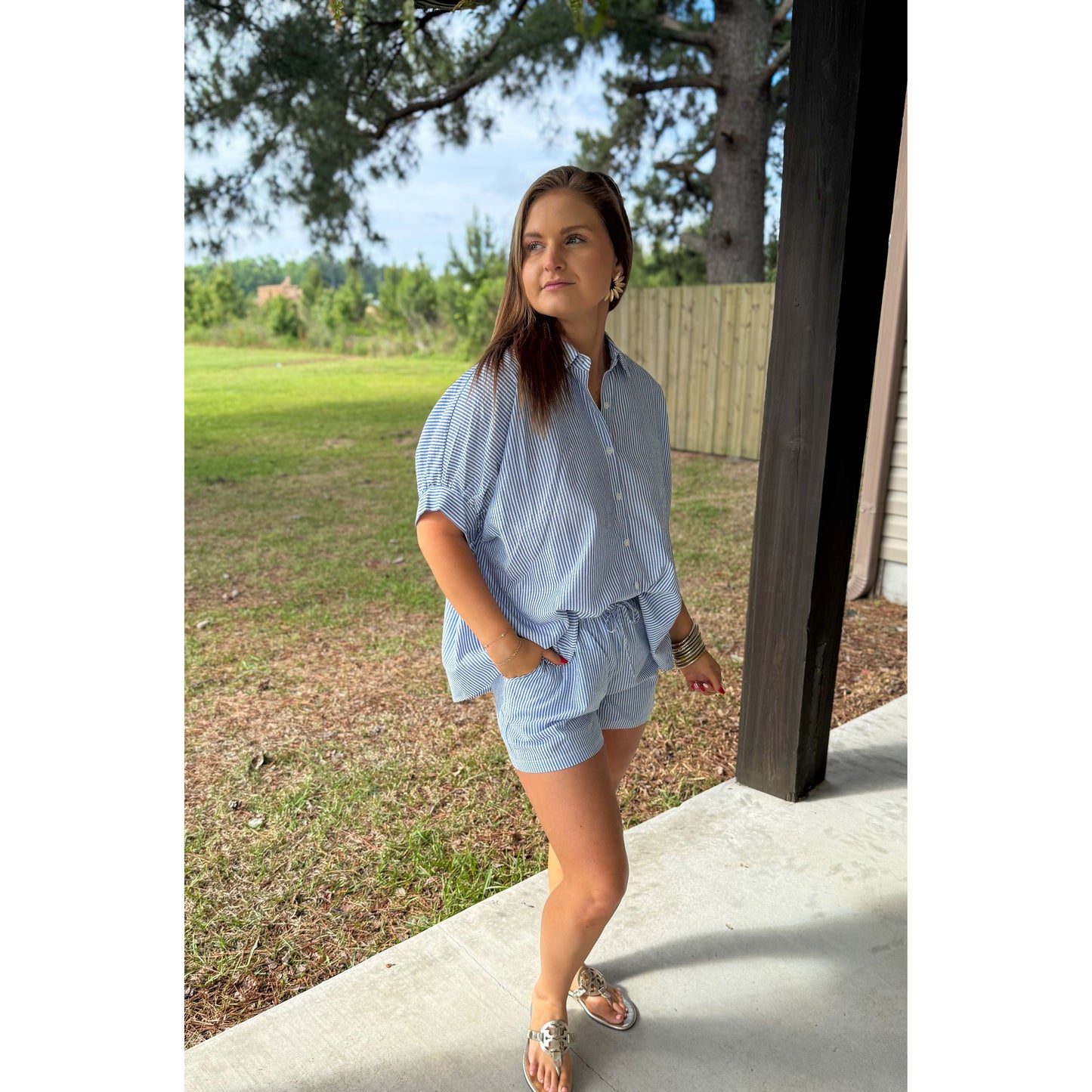 Seersucker Stripe Short Set, Blue/White