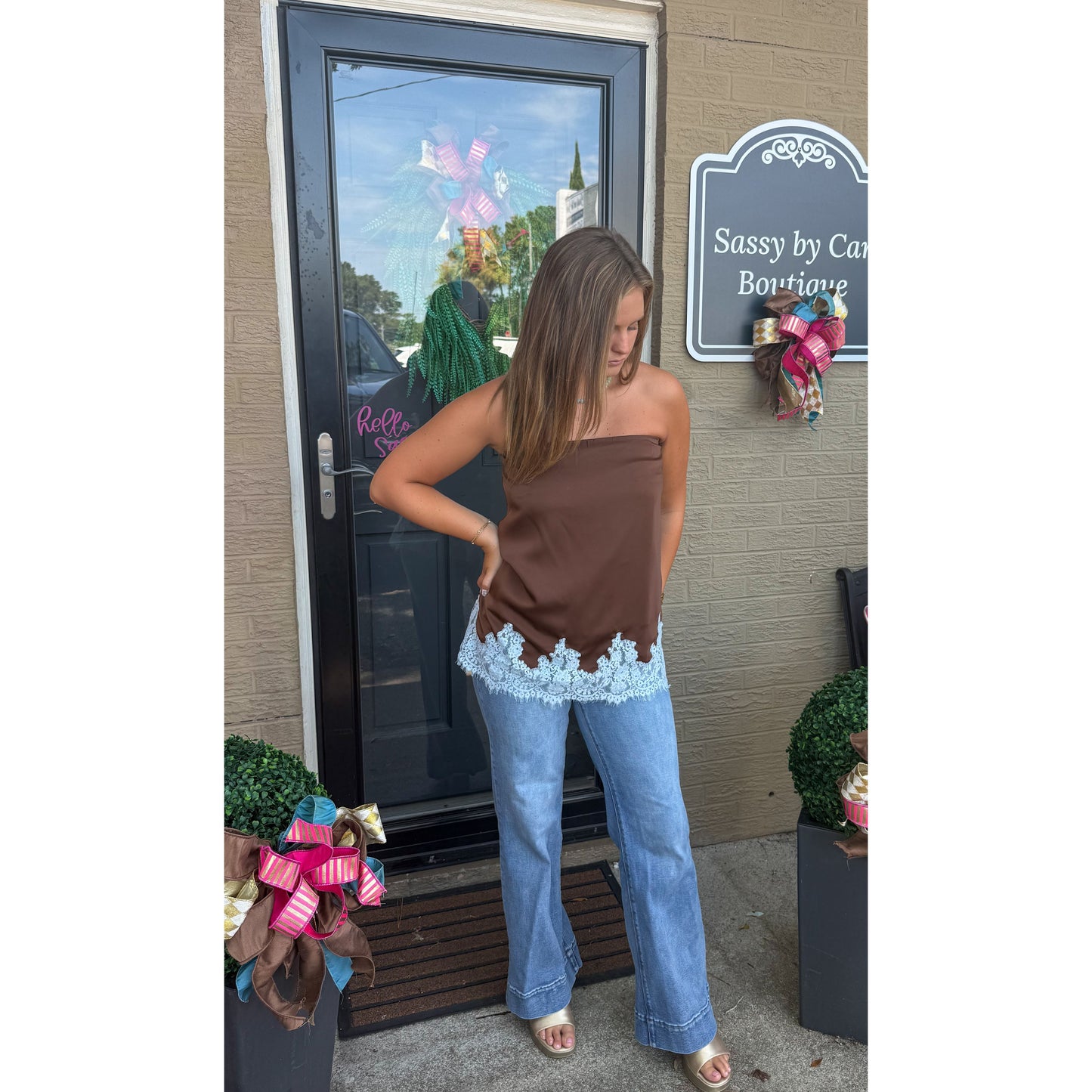Ellison Lace Trim Top, Chocolate/Blue