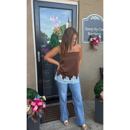 Ellison Lace Trim Top, Chocolate/Blue