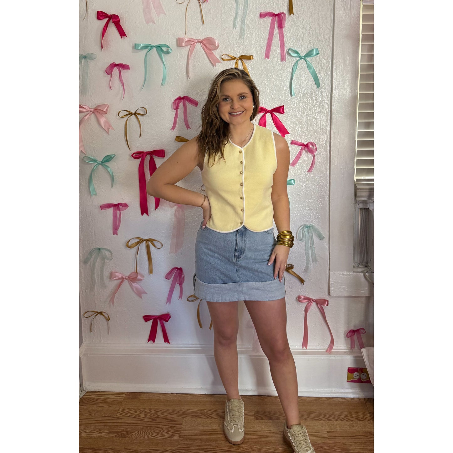 Caroline Button Vest, Butter Yellow/White