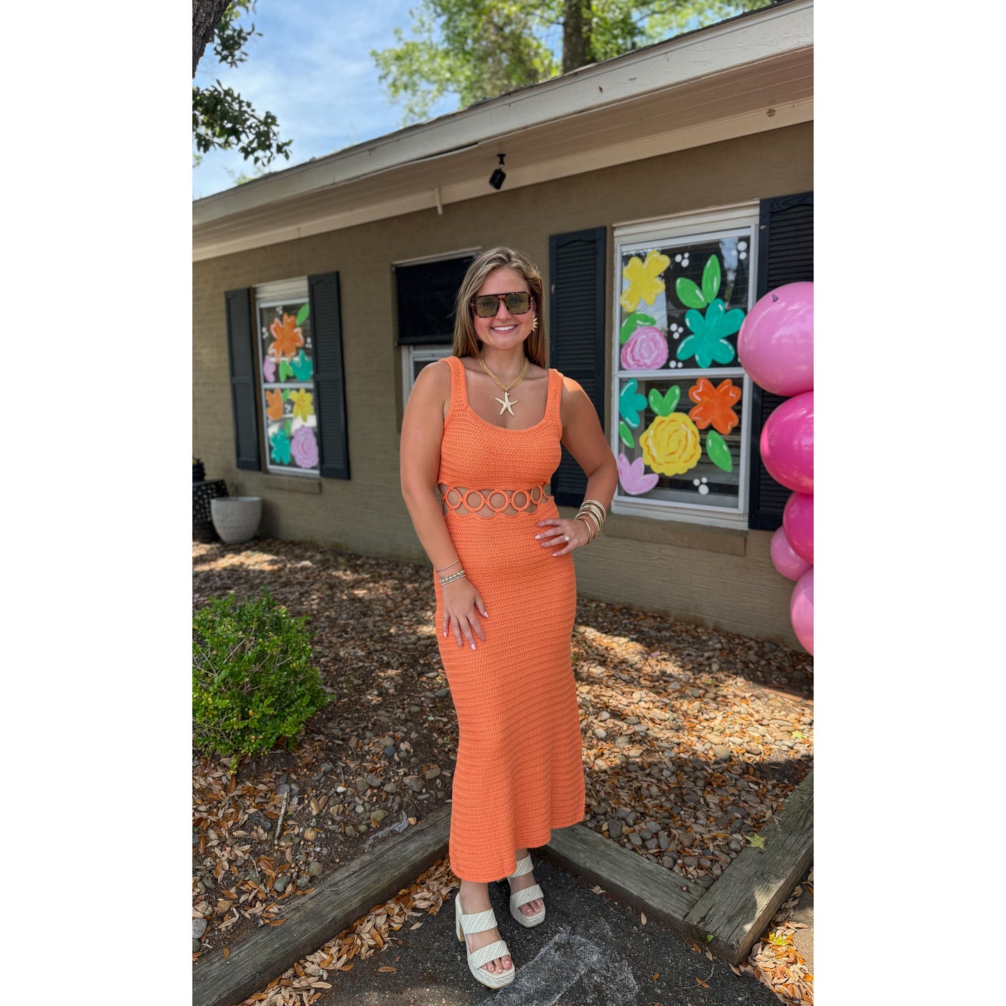 O-Ring Crochet Midi Dress, Orange