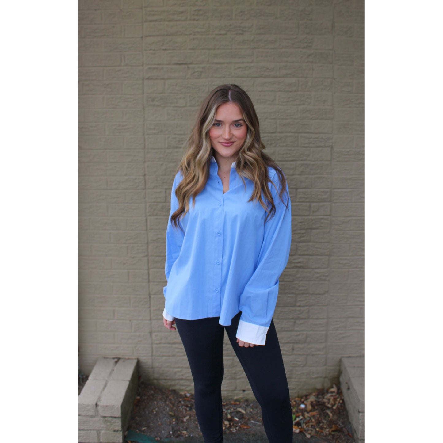 Chambray Button Down Blouse, White/Baby Blue