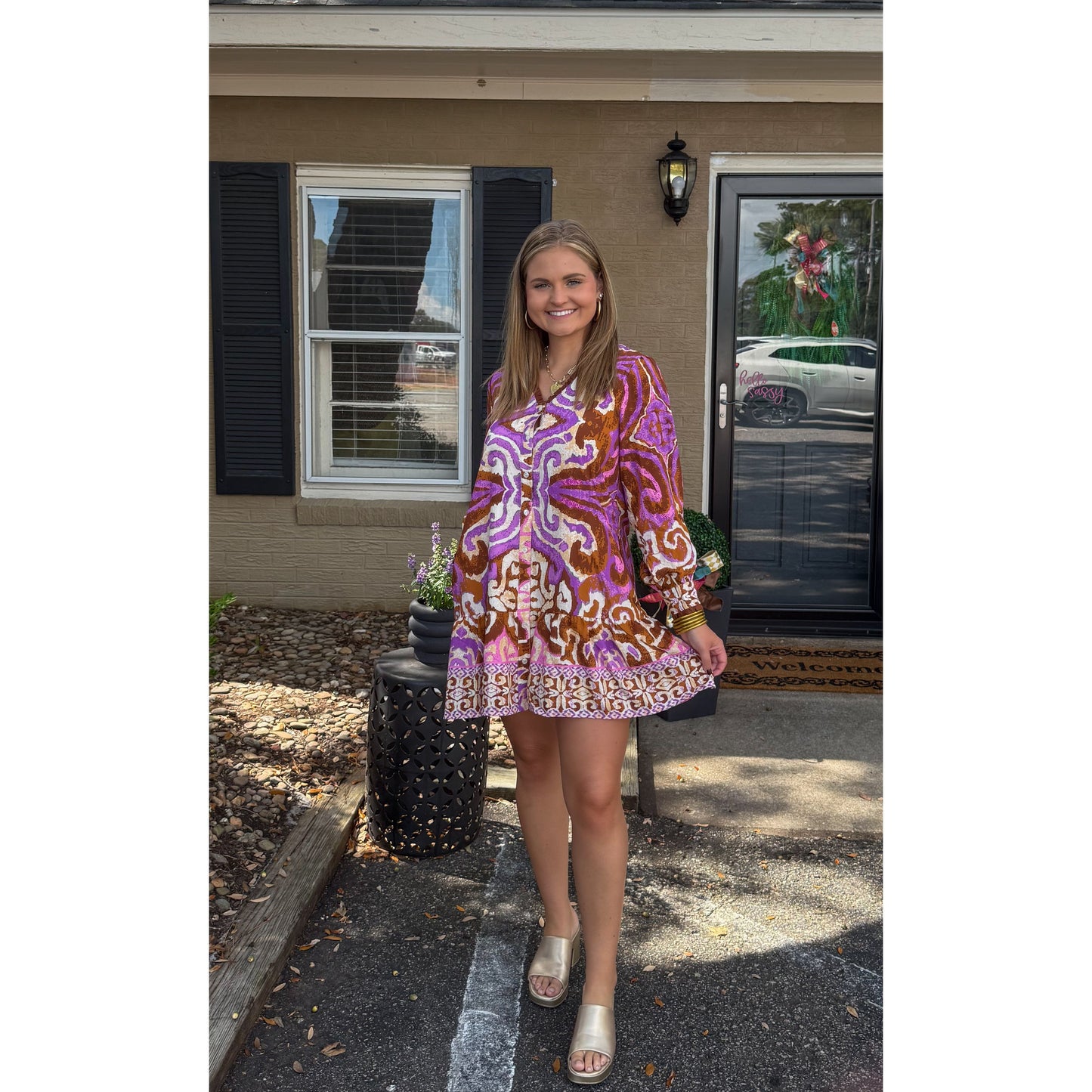 Catherine Pattern Mini Dress, Purple Multi