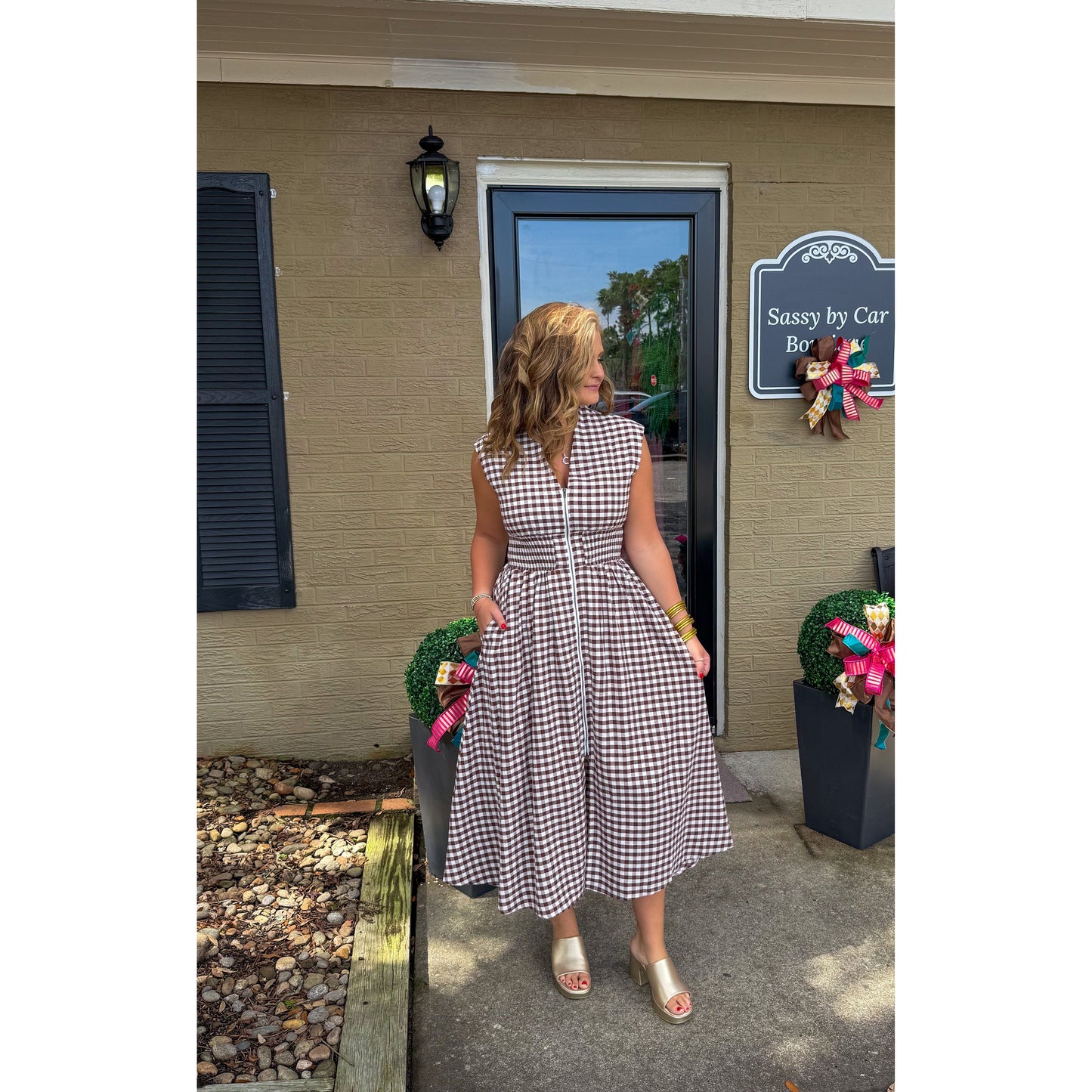 Gingham Detail Midi Dress, Chocolate/White