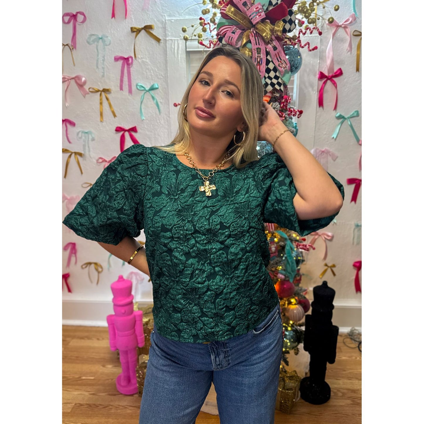 Hunter Green Floral Detail Blouse