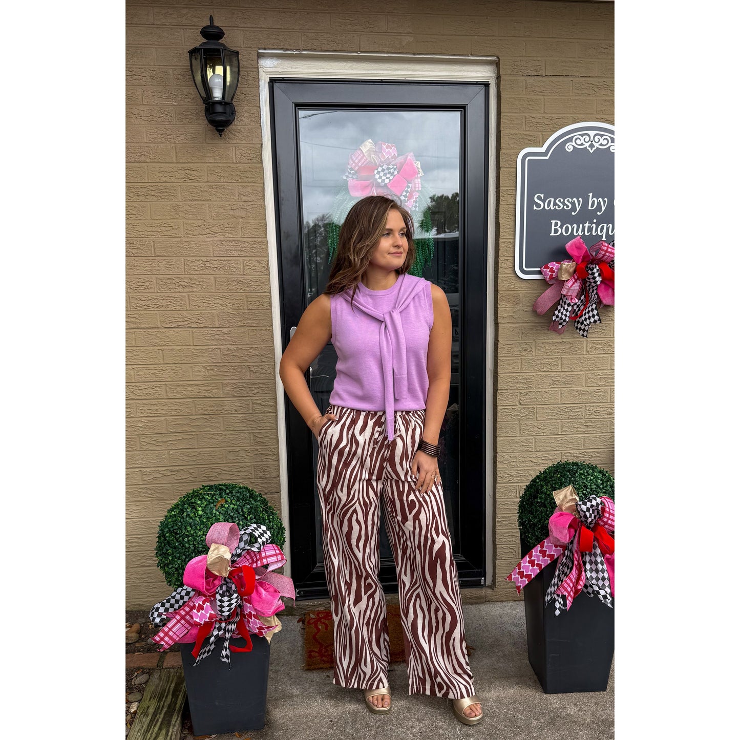 Zebra Print Pants, Brown/Cream