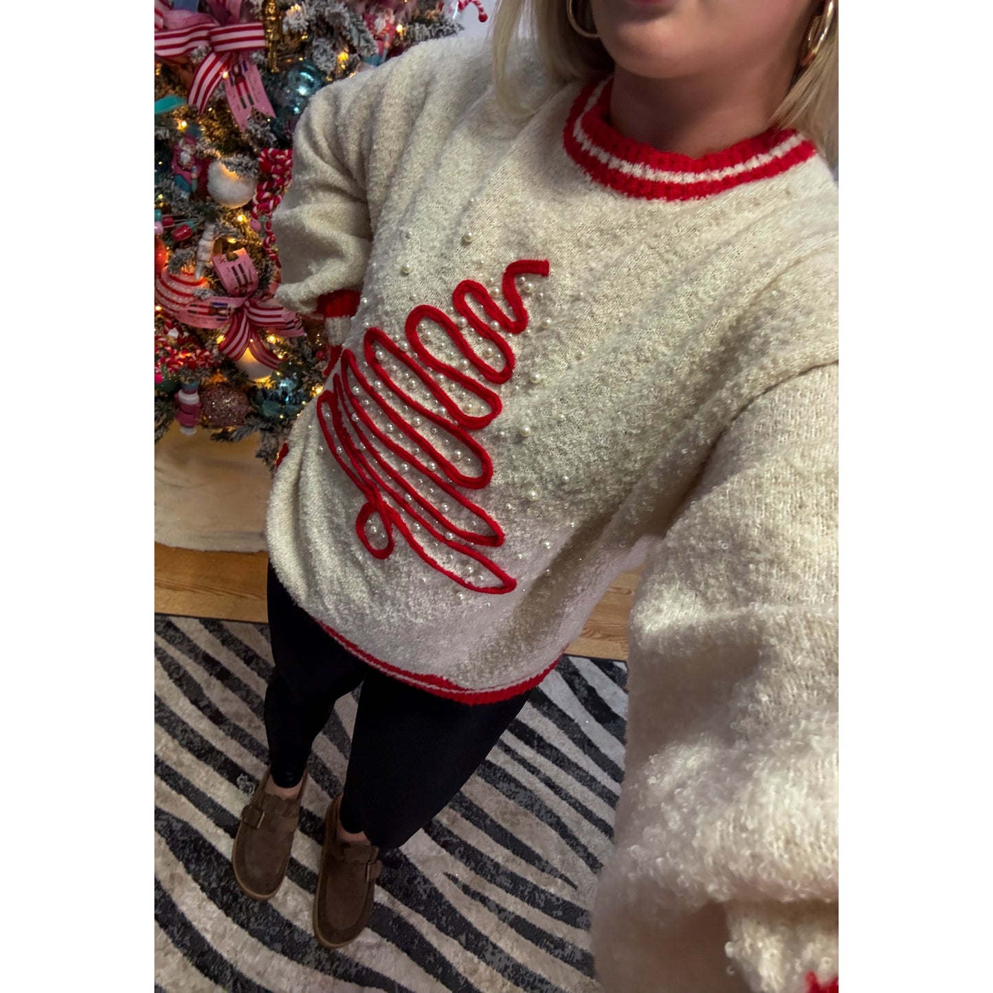 Tree w/ Pearl Sweater, Red/Ecru