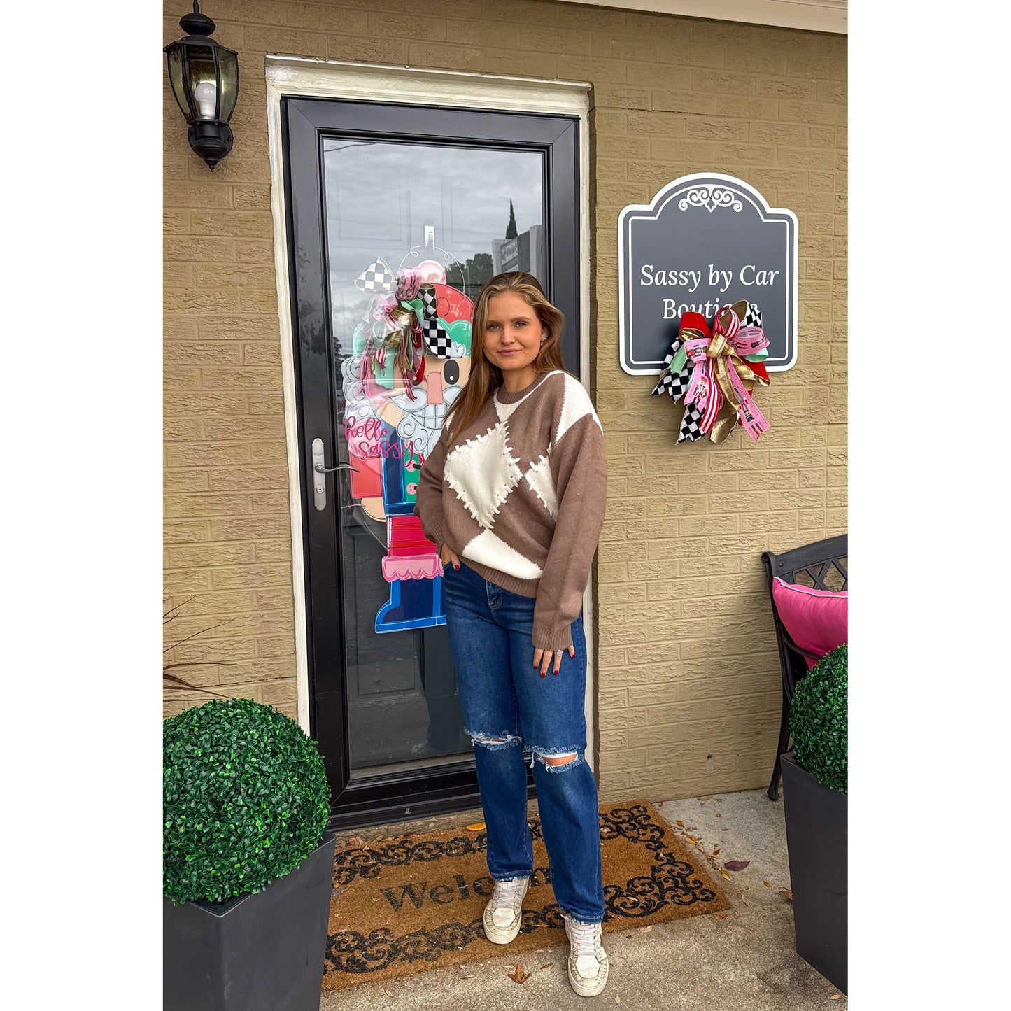 Mocha/Ivory Harlequin Detail Sweater