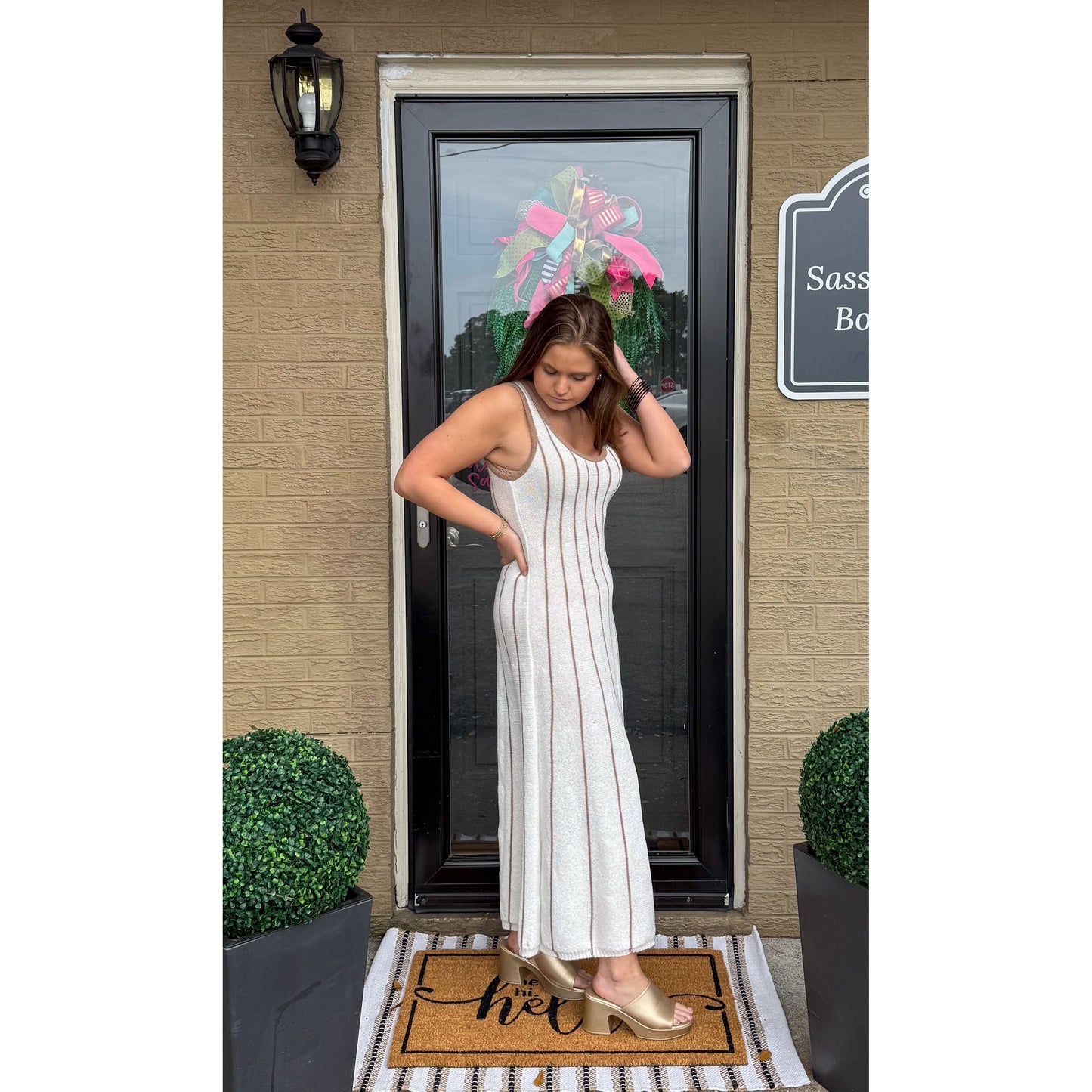 Blakely Knit Midi Dress, White/Taupe