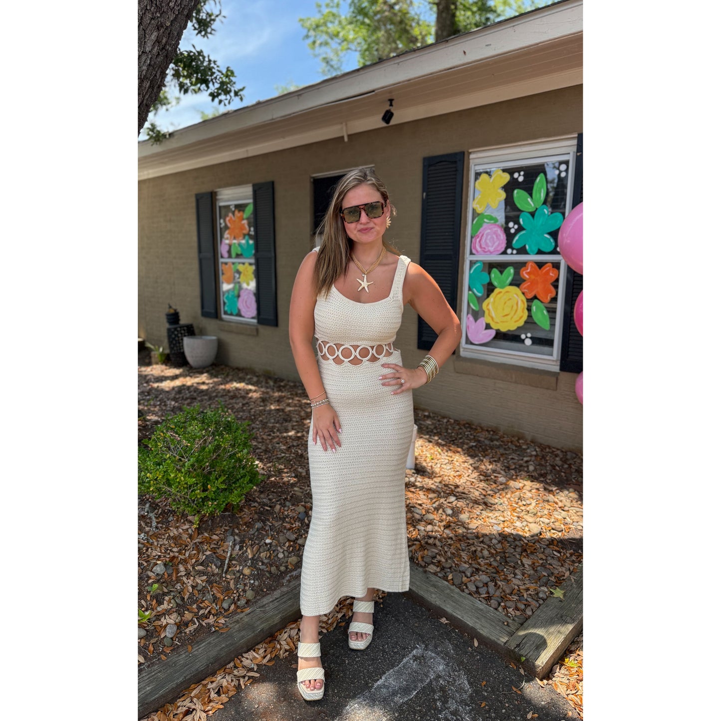 O-Ring Crochet Midi Dress, Cream