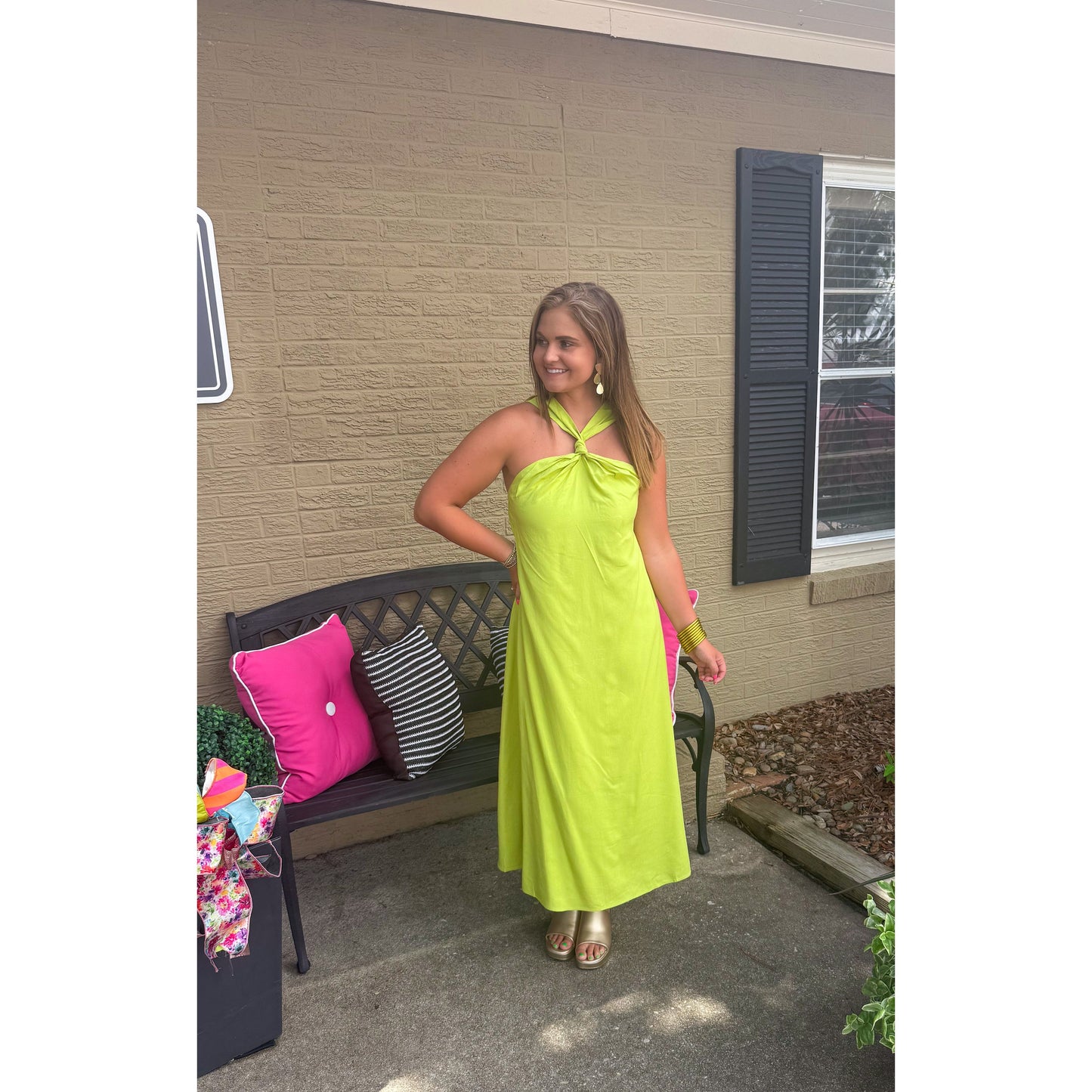 Brynn Halter Midi Dress, Lime Green
