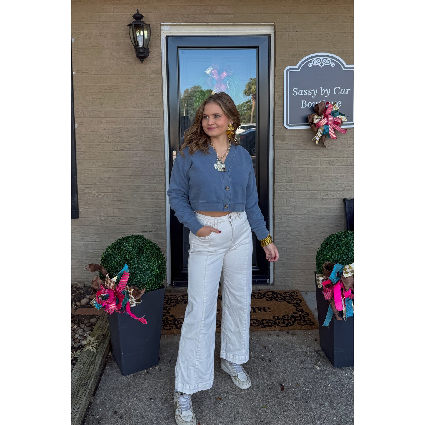 Grace V-Neck/Button Sweatshirt, Blue