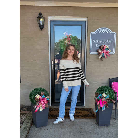 Raelyn Stripe OTS Sweater, Ivory/Black
