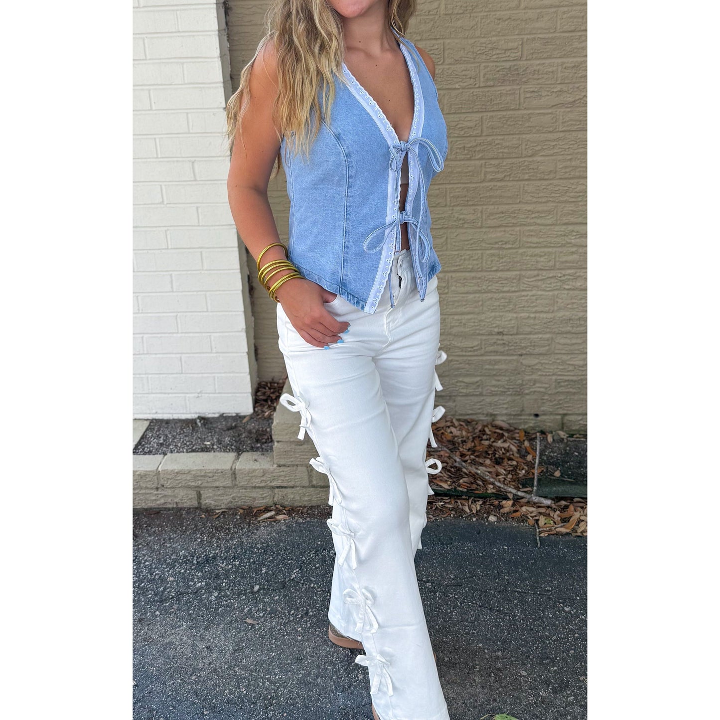 Denim Vest w/ Lace Time, Light Denim/White