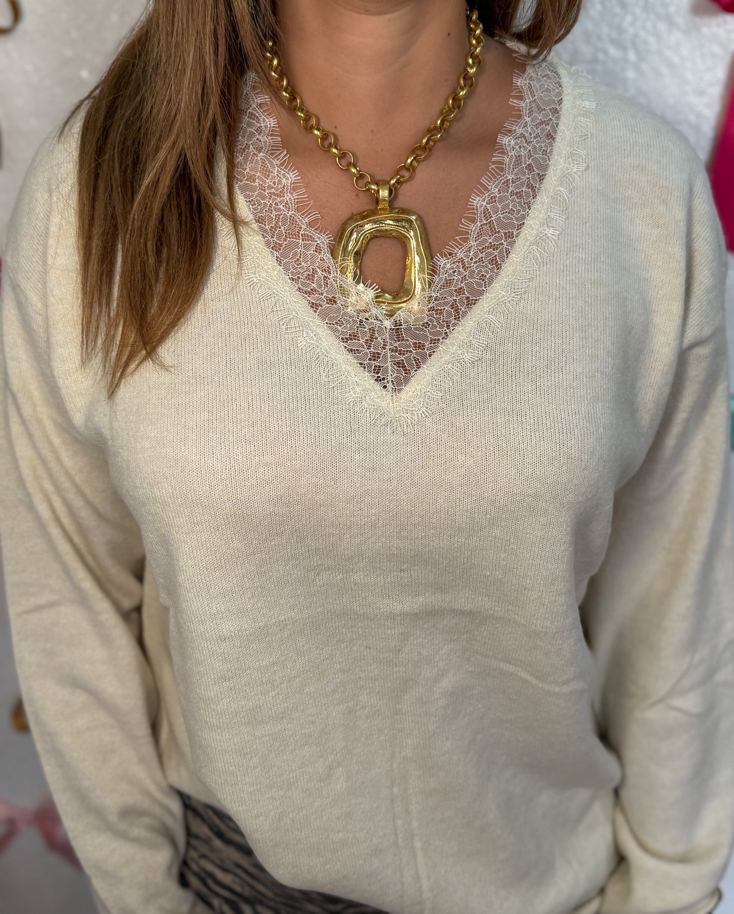 Hailey Sweater w/ Lace Detail, Cream