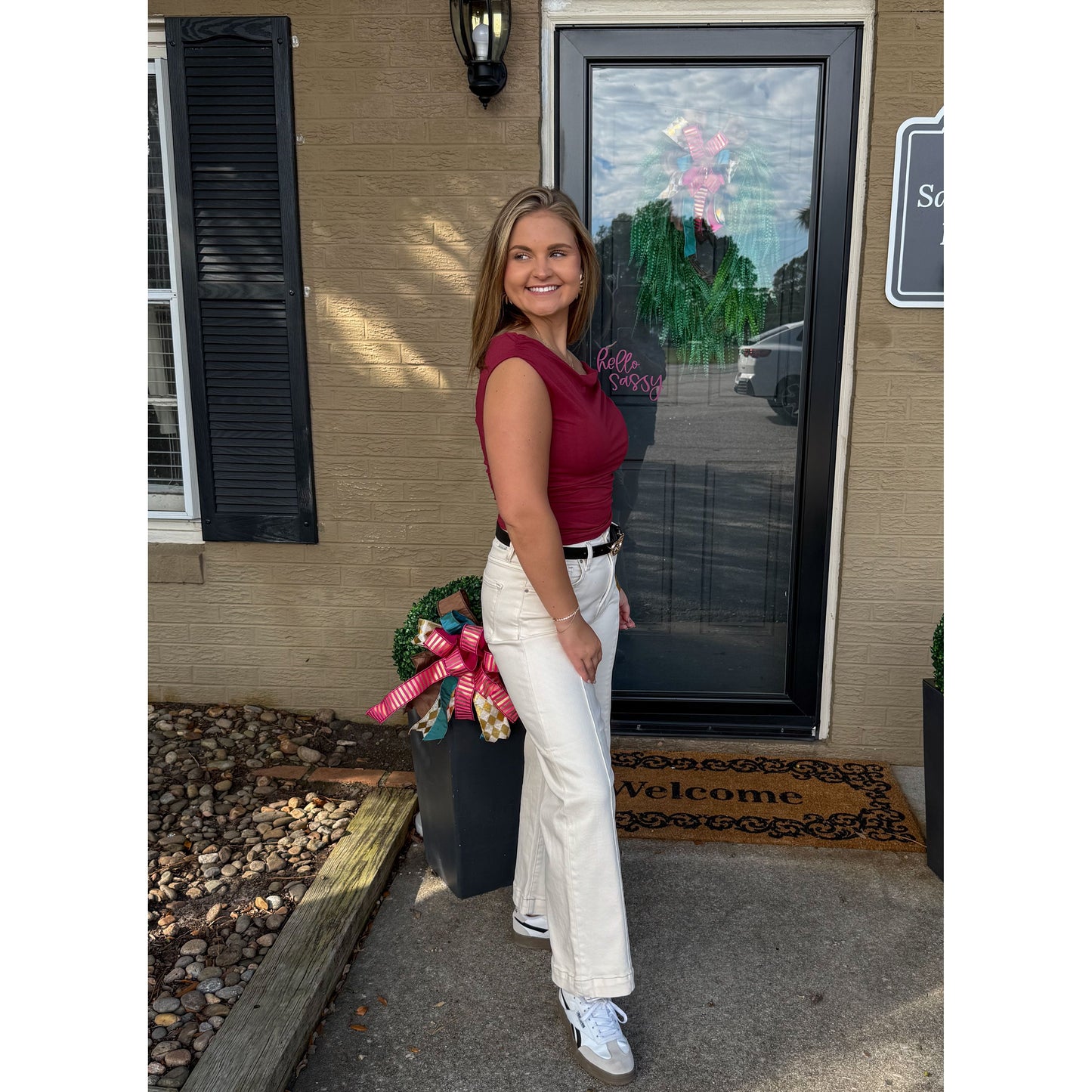 Asymmetrical Neckline Top, Burgundy