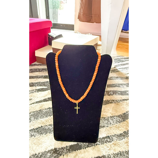 Orange Beaded Necklace w/ Cross