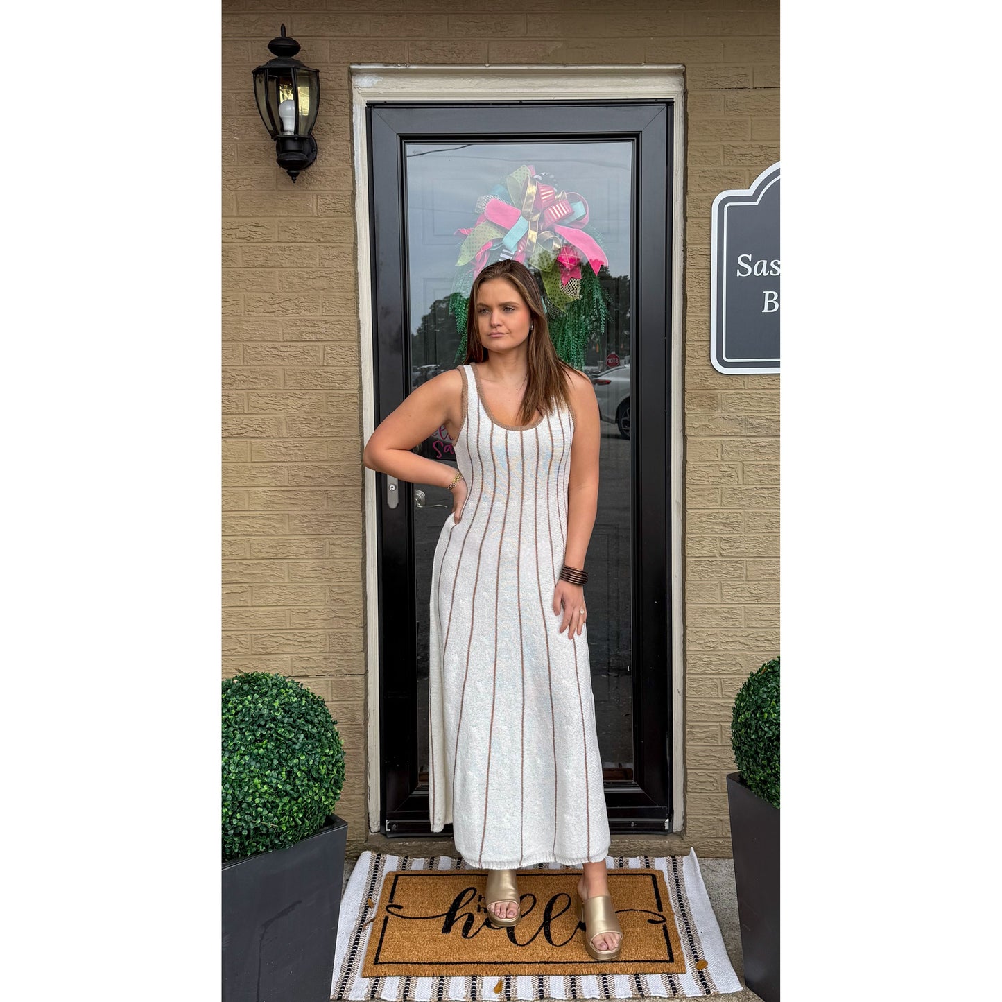 Blakely Knit Midi Dress, White/Taupe