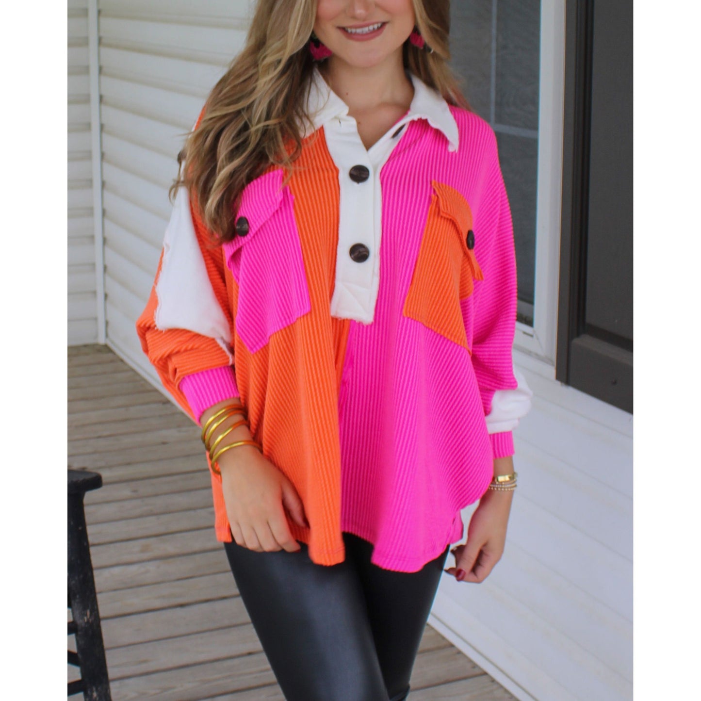 Molly Color-Block Top, Fuchsia/Orange