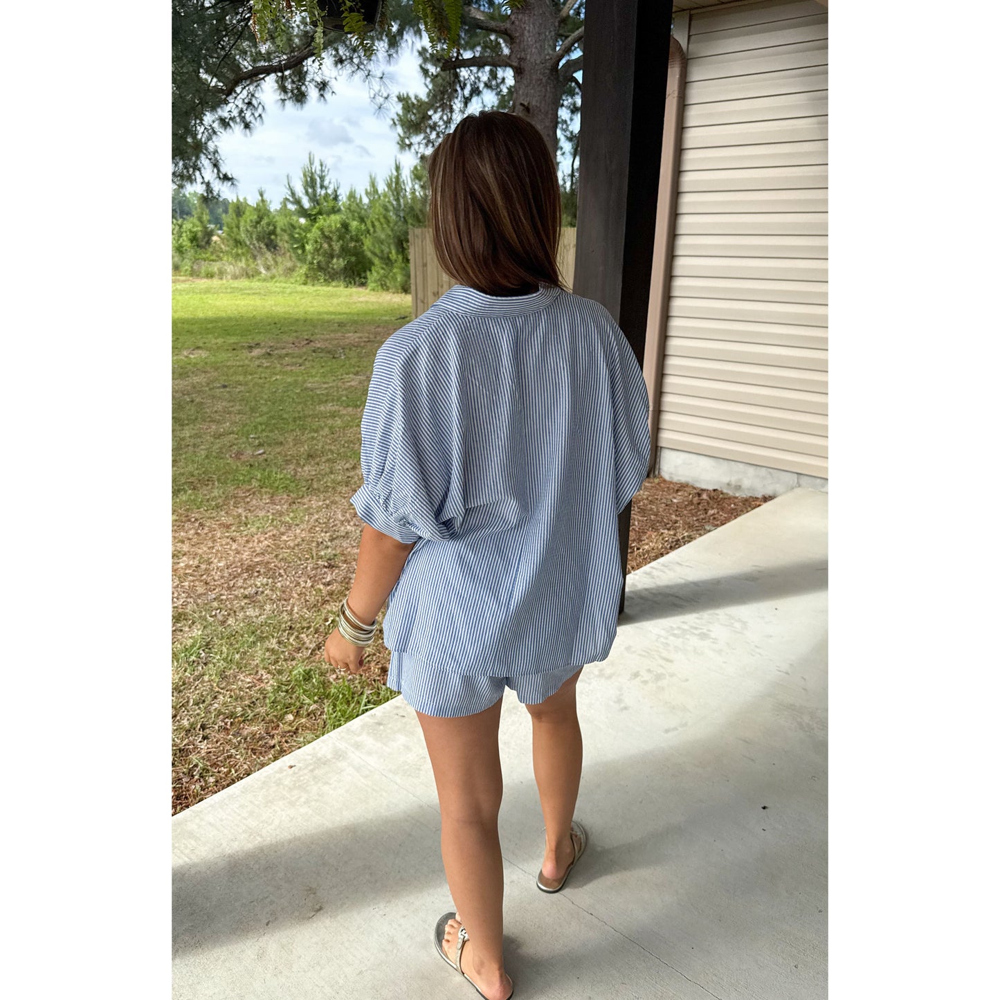 Seersucker Stripe Short Set, Blue/White