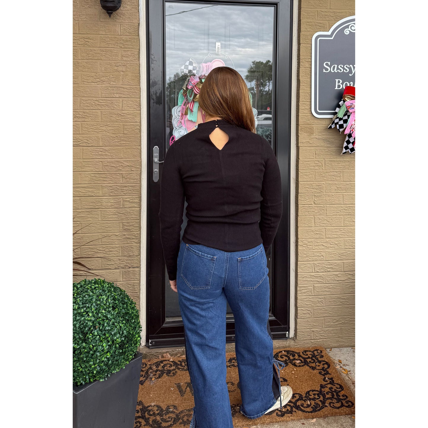 Mock Neck Cutout Top, Black