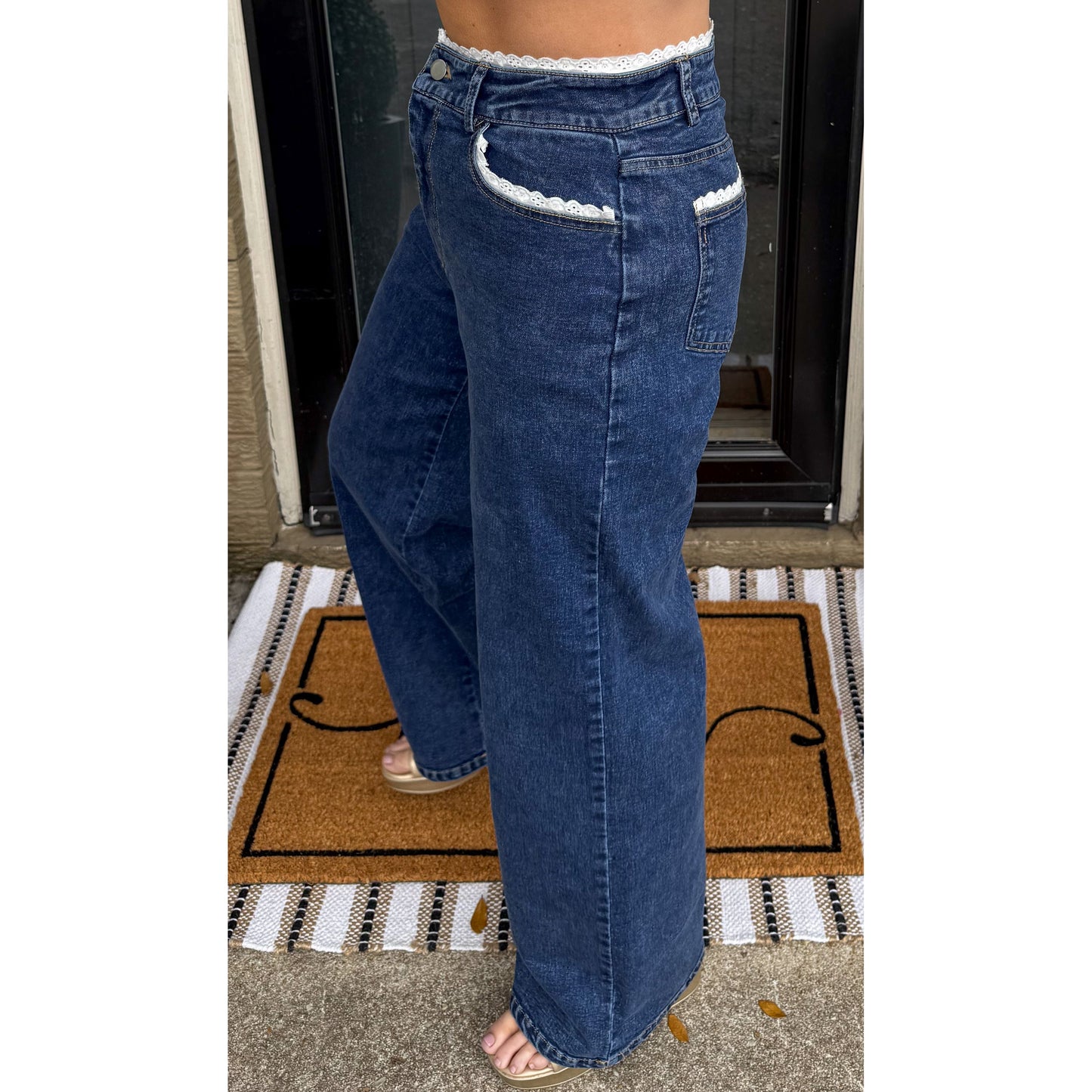 Trim Detail Wide Leg Jeans
