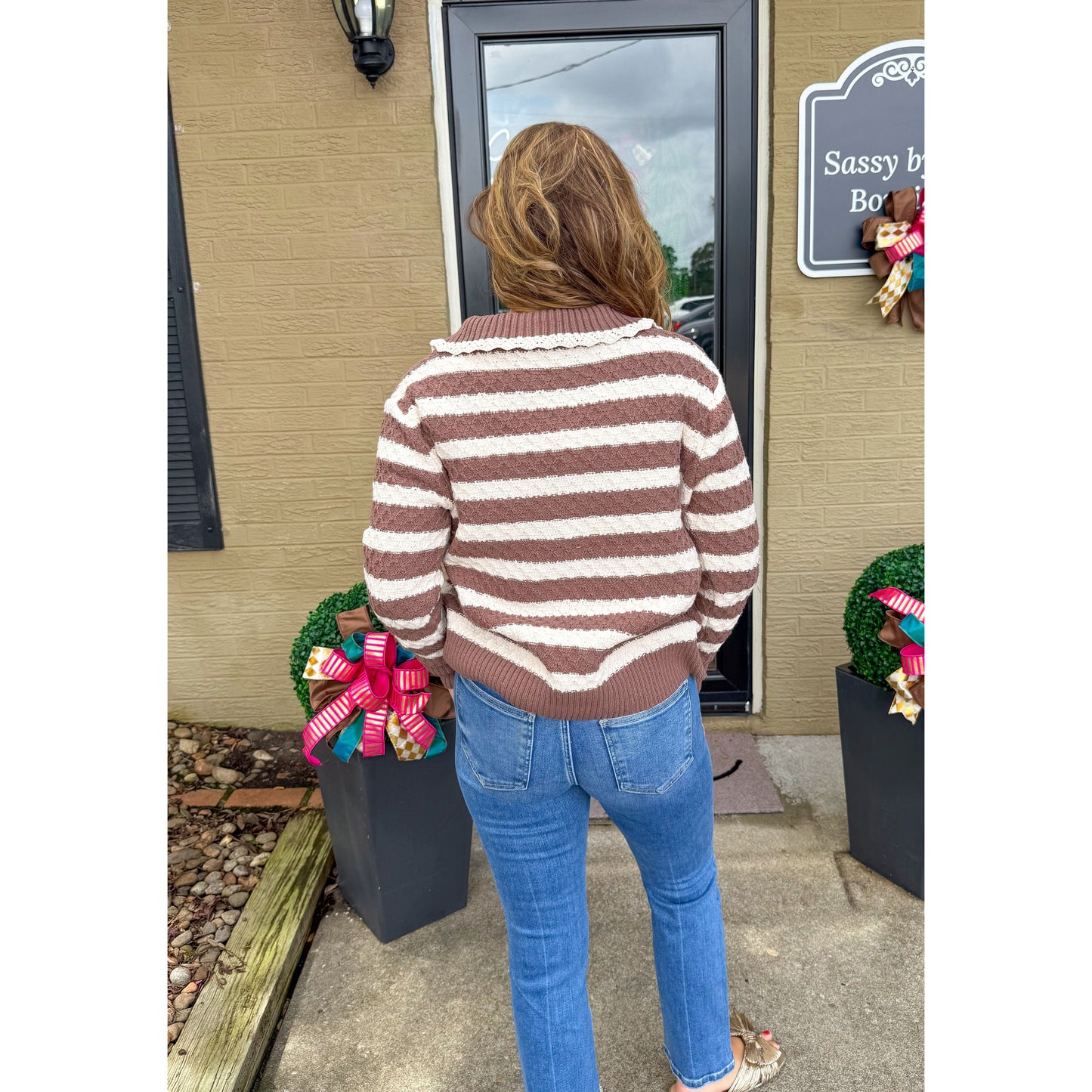 Dylan Stripe Sweater, Ivory/Mocha