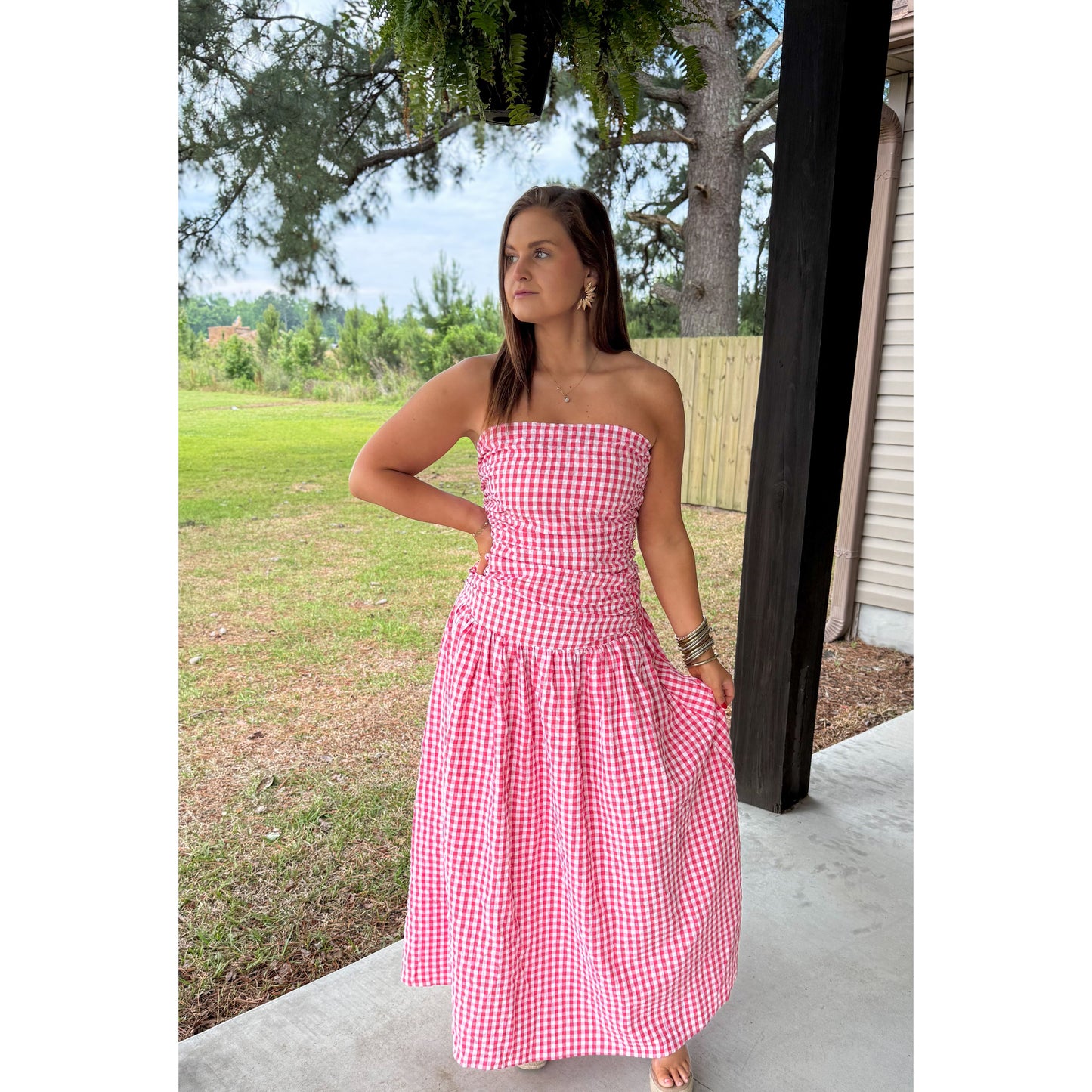 Strapless Gingham Maxi Dress, Red/White
