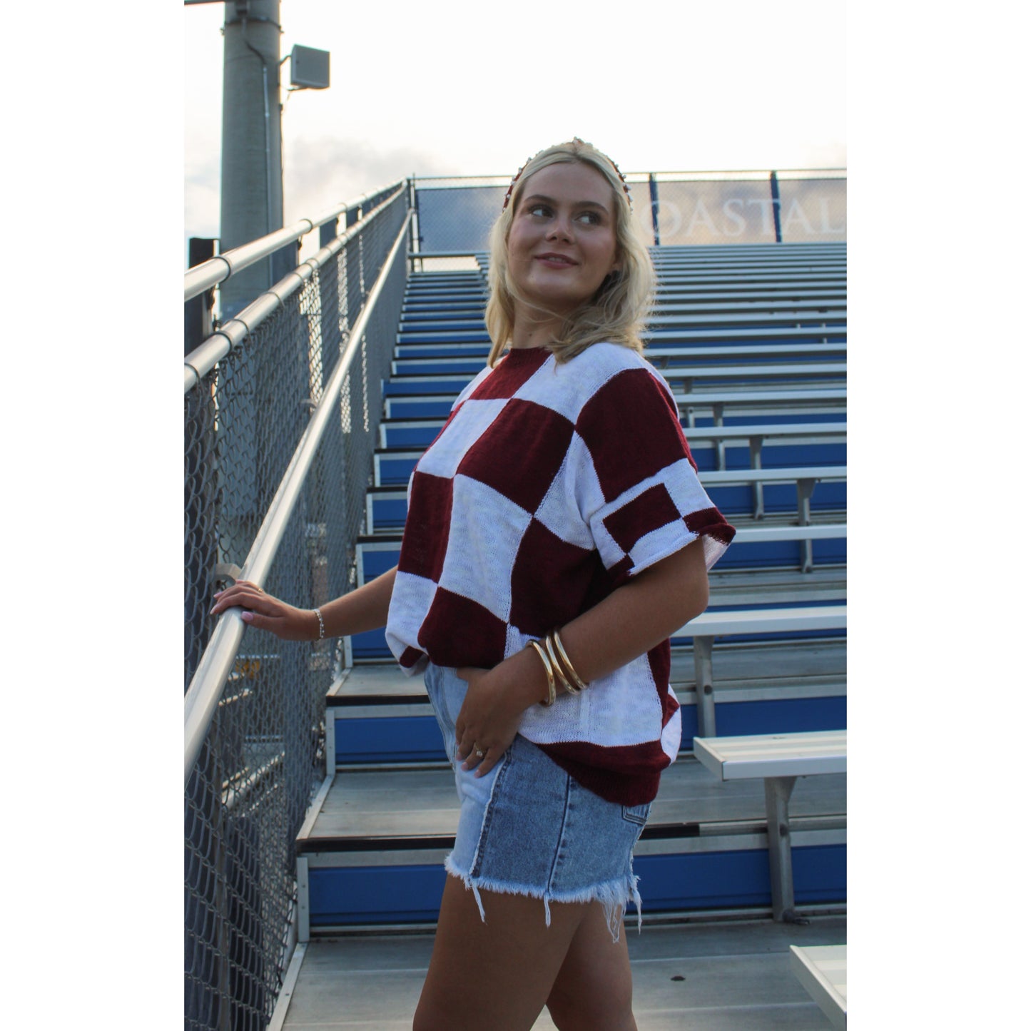 Goal Line Checkered Top, Garnet/White