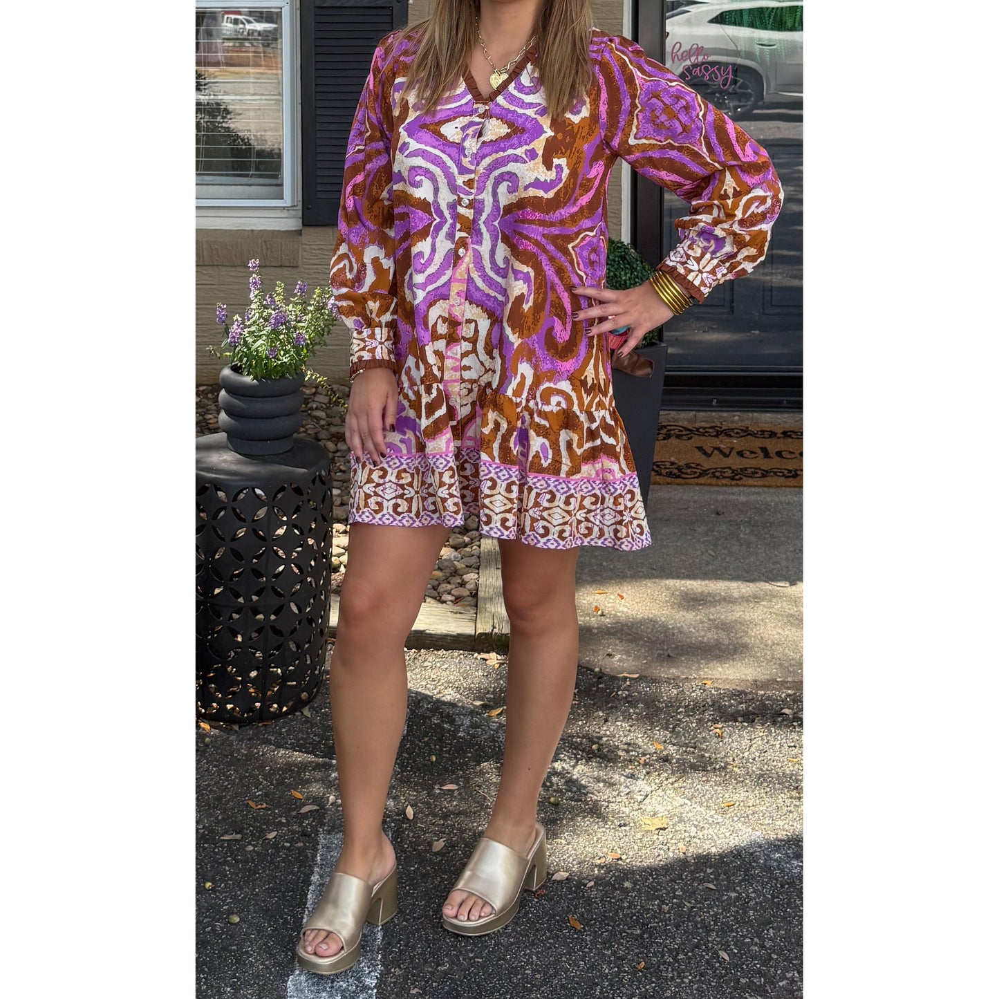 Catherine Pattern Mini Dress, Purple Multi