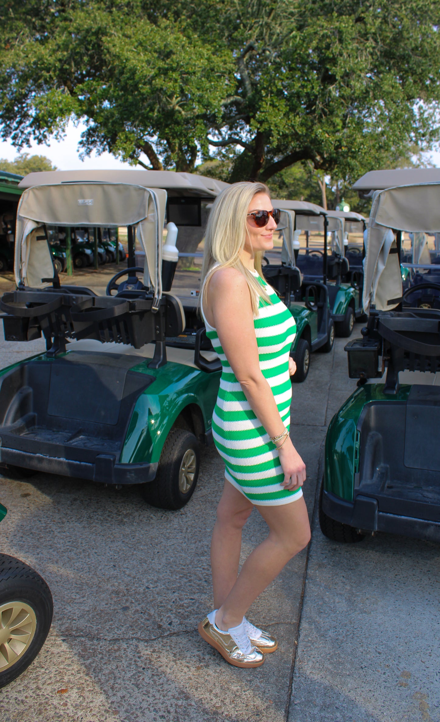 Fore Stripe Mini Dress, Kelly Green/Ivory