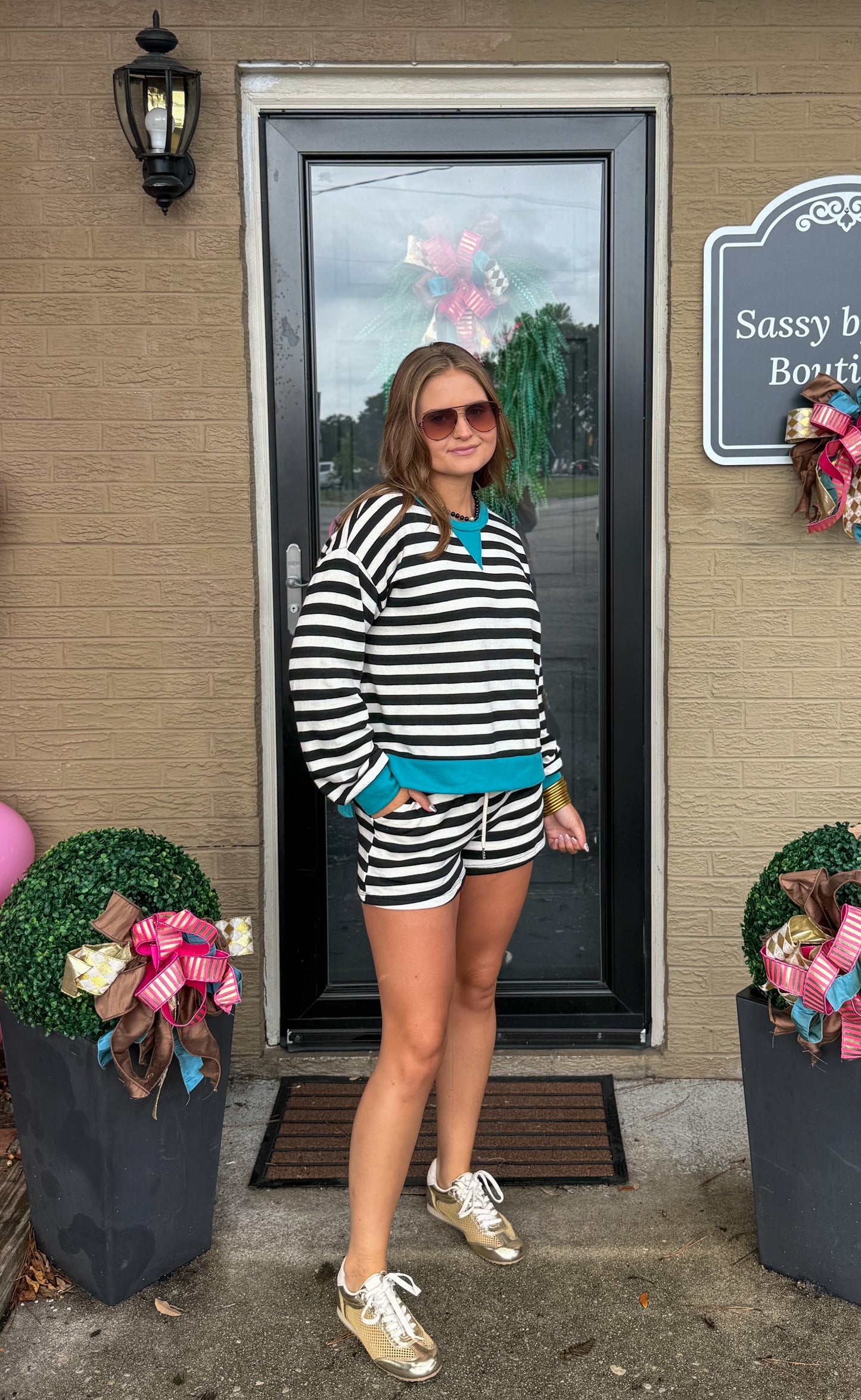 Henley Stripe Lounge Set, Black/Teal