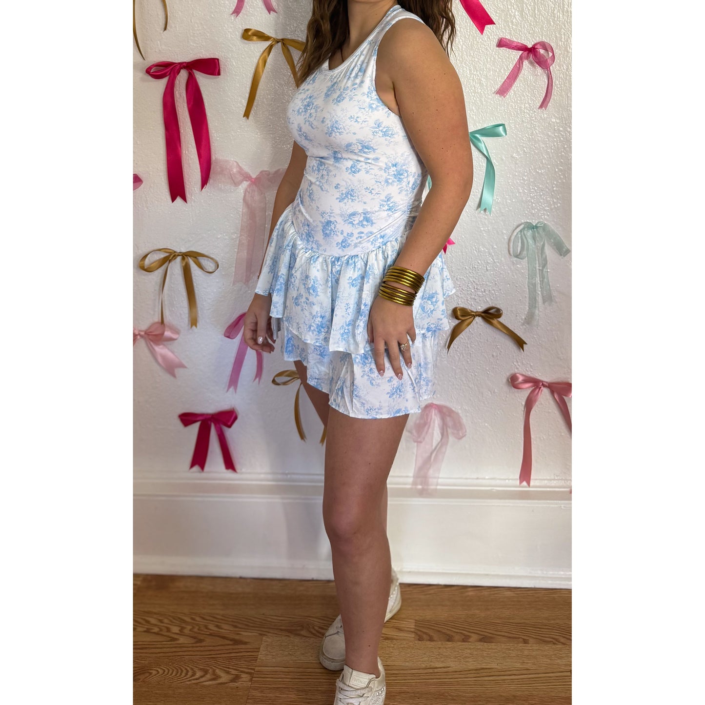 Floral Athleisure Romper, Baby Blue/White