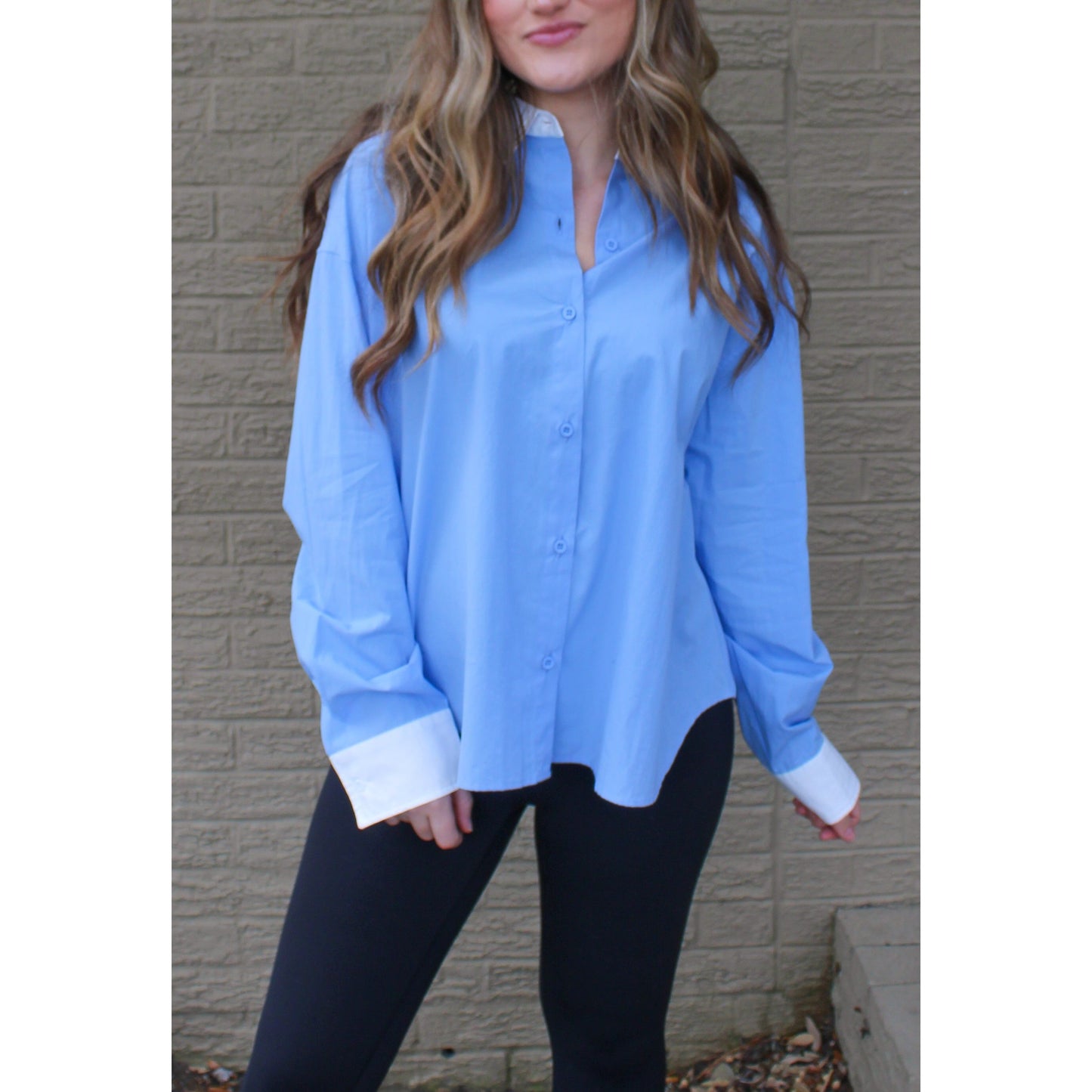 Chambray Button Down Blouse, White/Baby Blue