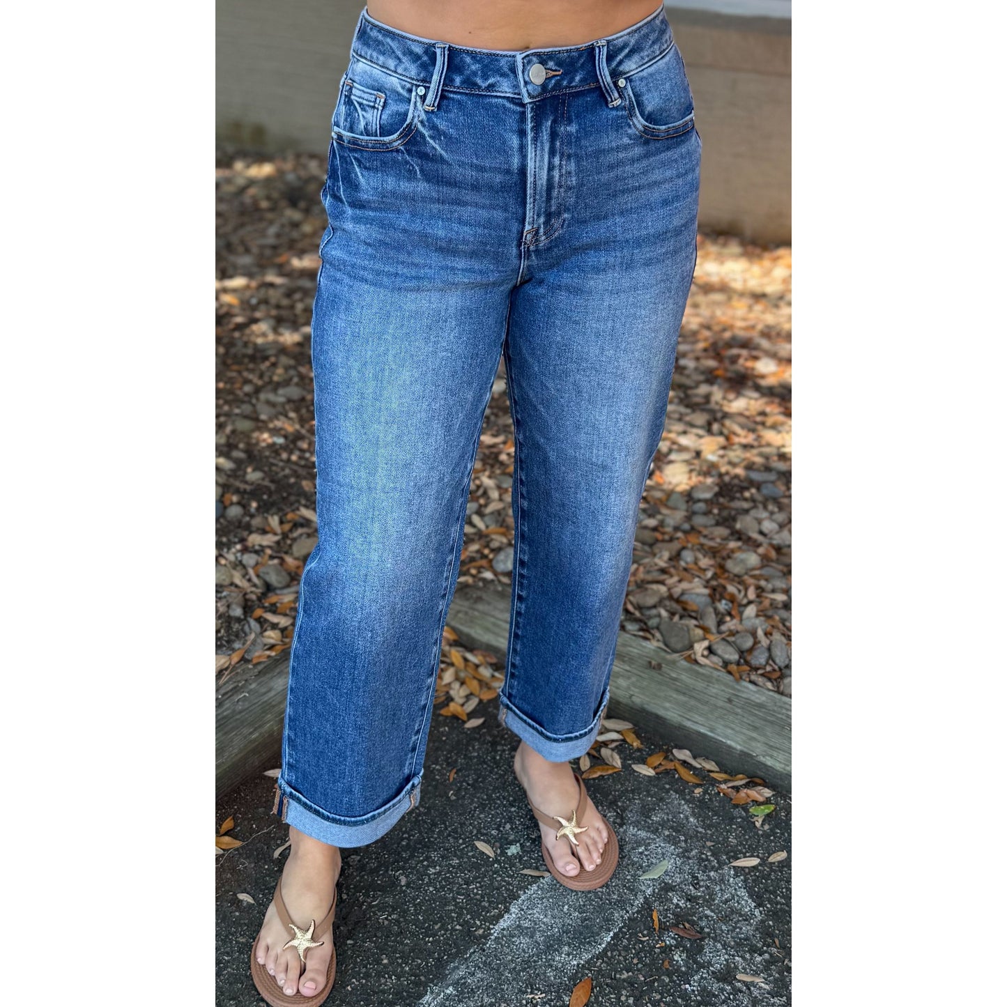 Cuffed Boyfriend Fit Jeans, Dark Wash