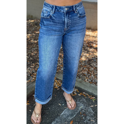Cuffed Boyfriend Fit Jeans, Dark Wash