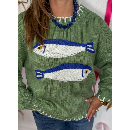 Fish Sweater, Green/Blue