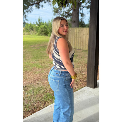 Crochet Crop Top, Navy/Ivory